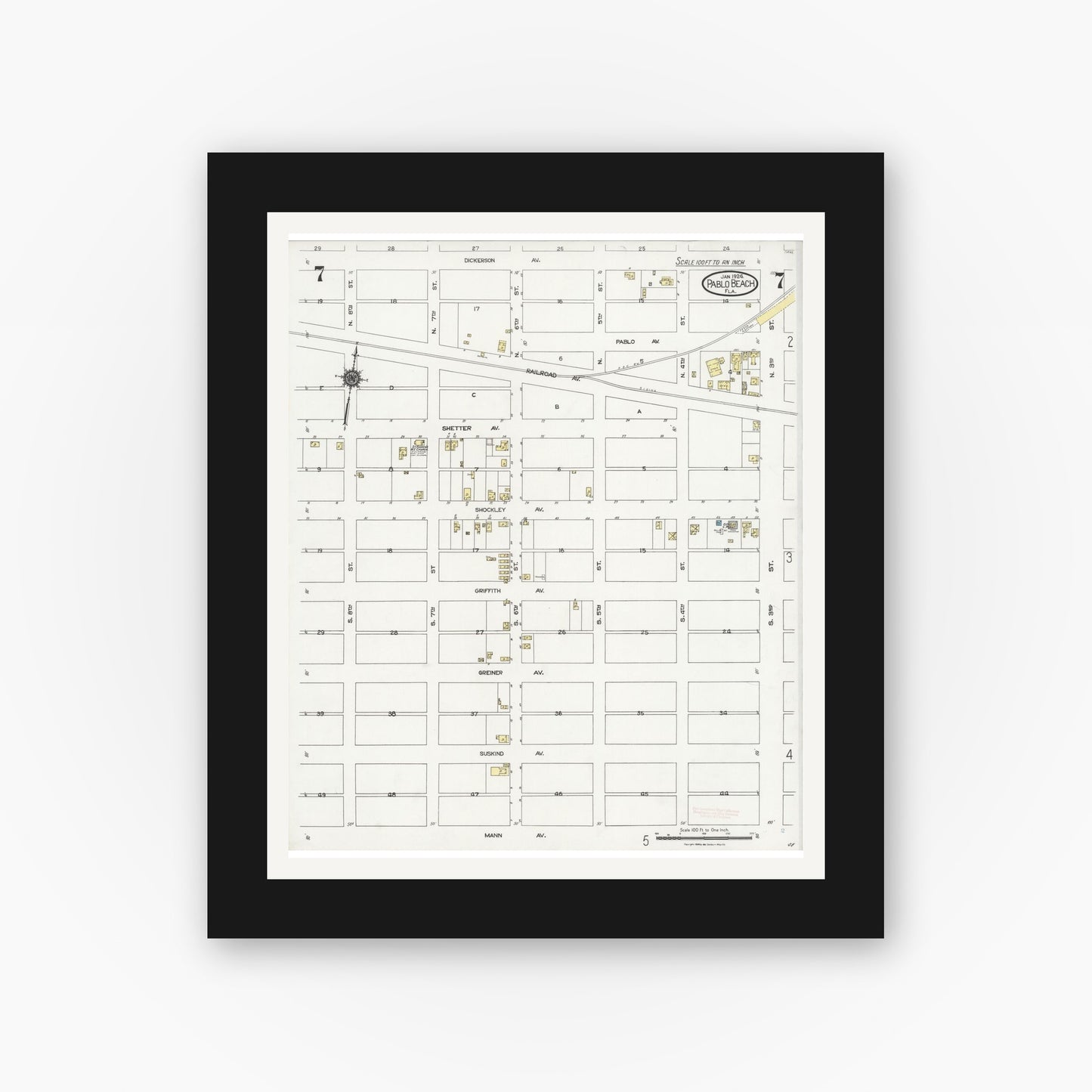 Old map wall art mockup — black gallery frame with white mat — Sanborn Fire Insurance Map from Pablo Beach, Duval County, Florida (1924), Sheet #0007