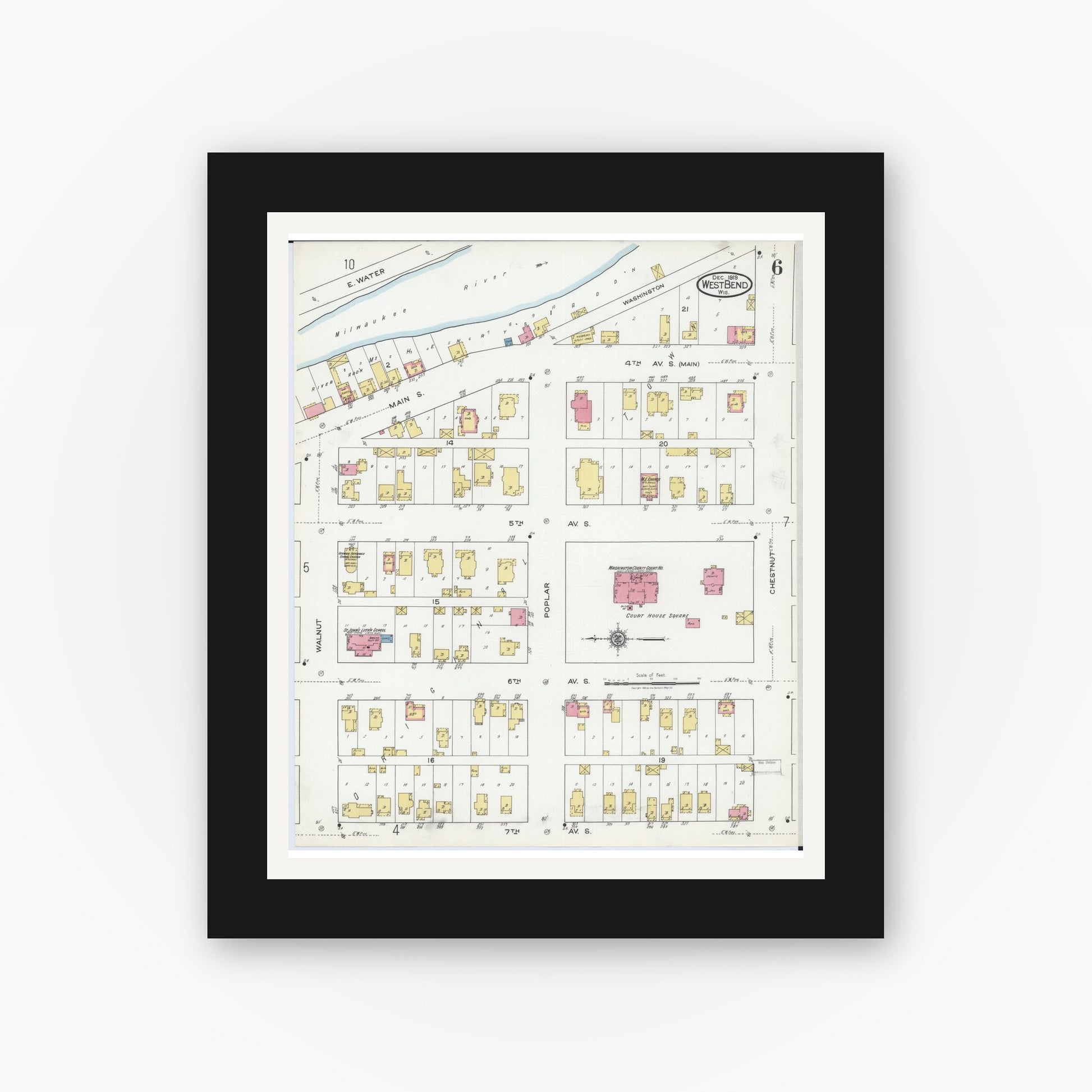 Old map wall art mockup — black gallery frame with white mat — Sanborn Fire Insurance Map from West Bend, Washington County, Wisconsin (1919), Sheet #0006