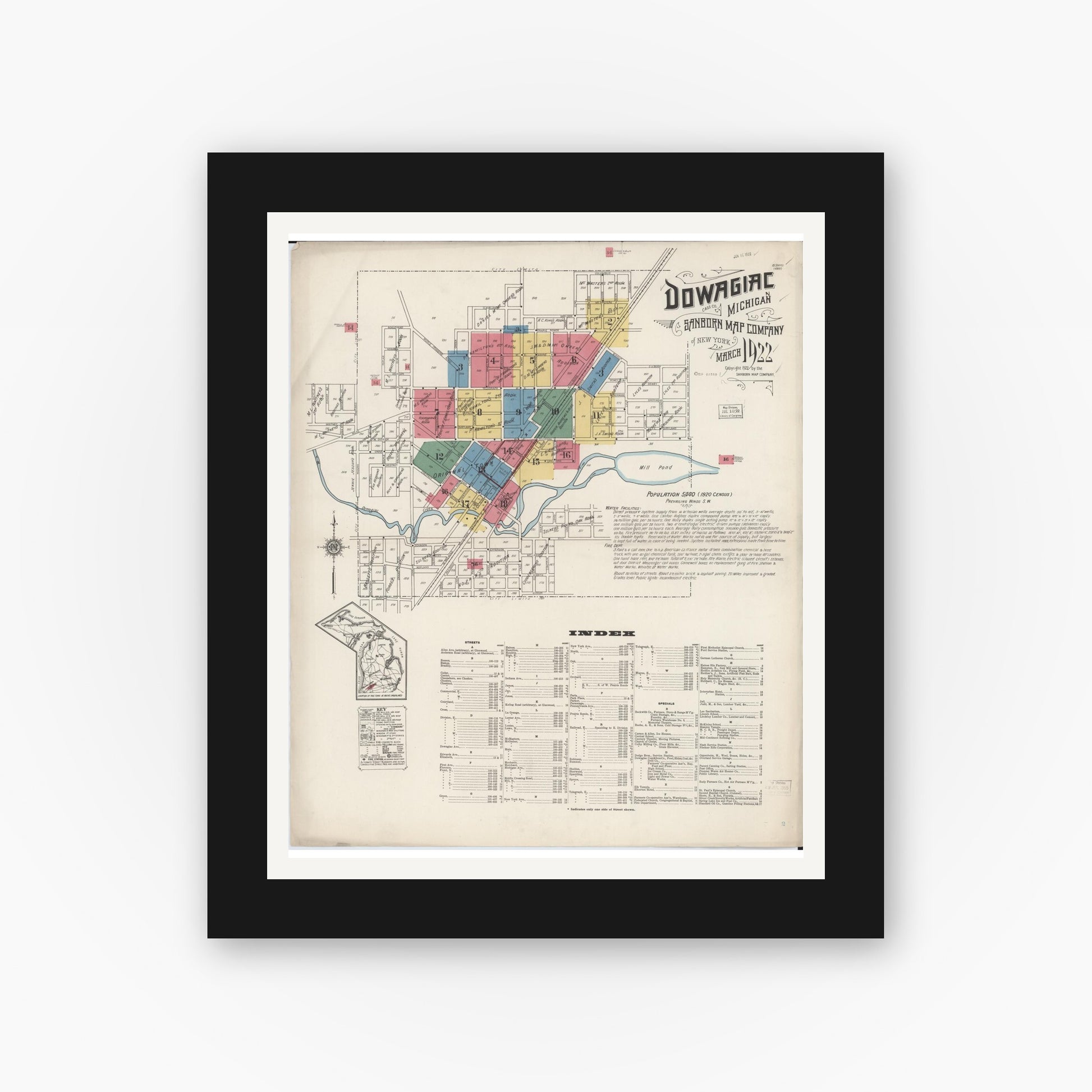 Old map wall art mockup — black gallery frame with white mat — Sanborn Fire Insurance Map from Dowagiac, Cass County, Michigan (1922) - Complete Map Set