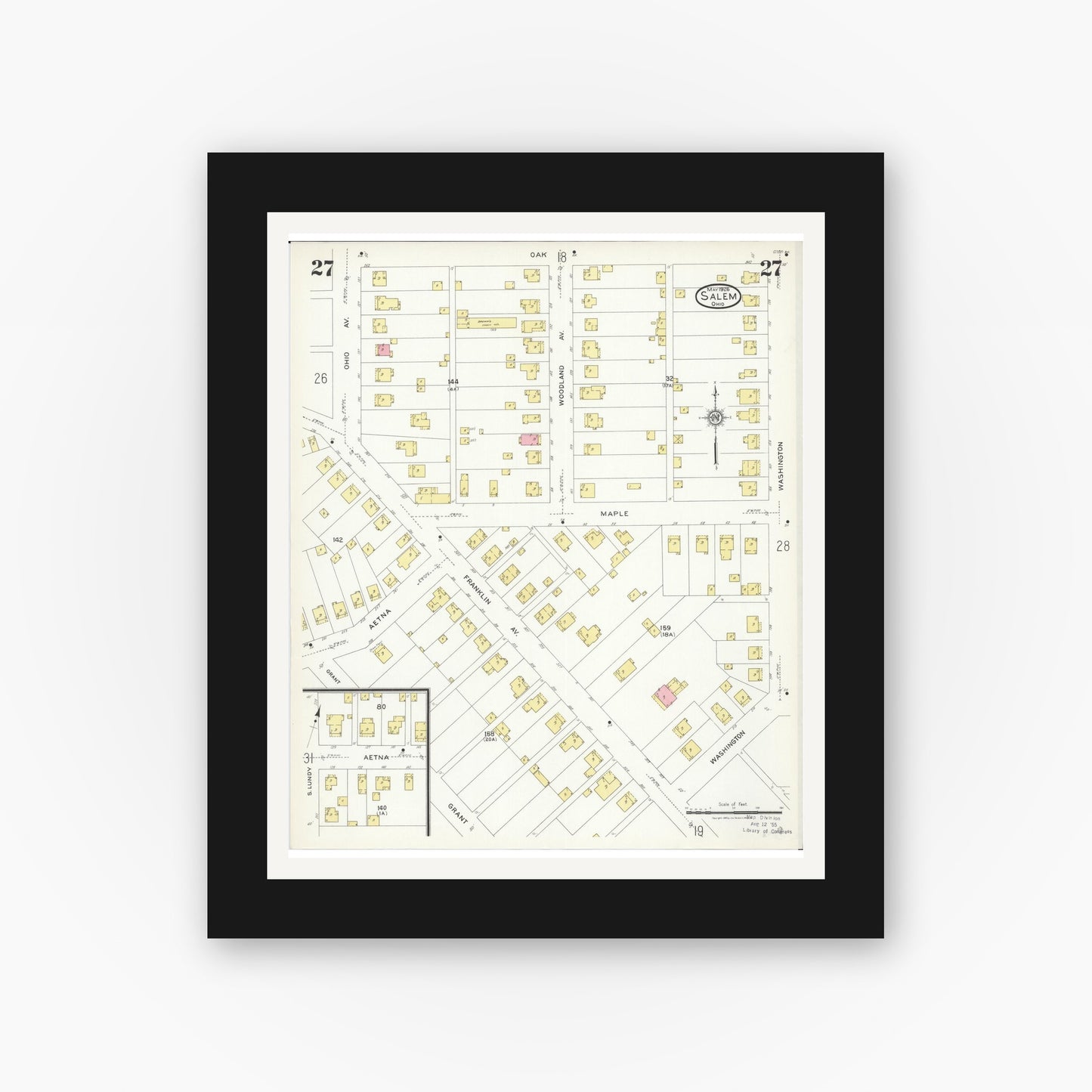 Old map wall art mockup — black gallery frame with white mat — Sanborn Fire Insurance Map from Salem, Columbiana County, Ohio (1926), Sheet #0027
