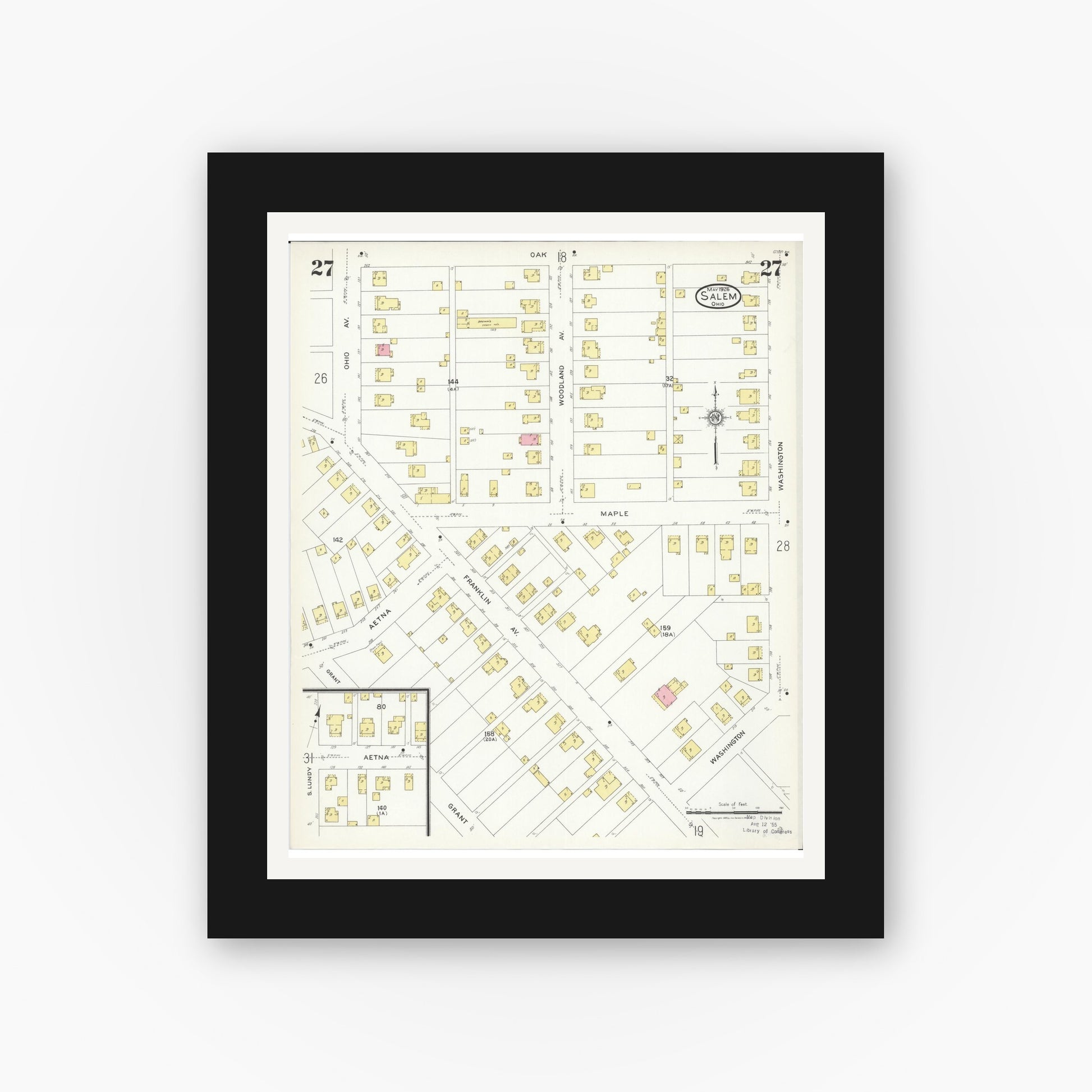 Old map wall art mockup — black gallery frame with white mat — Sanborn Fire Insurance Map from Salem, Columbiana County, Ohio (1926), Sheet #0027