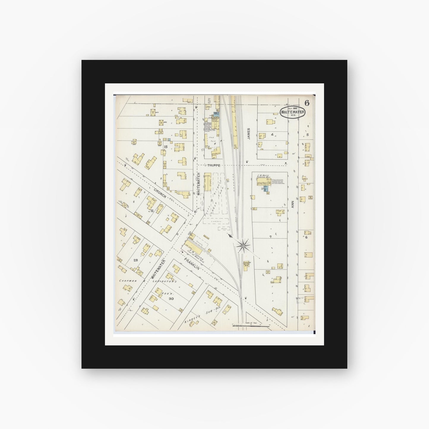Old map wall art mockup — black gallery frame with white mat — Sanborn Fire Insurance Map from Whitewater, Walworth County, Wisconsin (1892), Sheet #0006