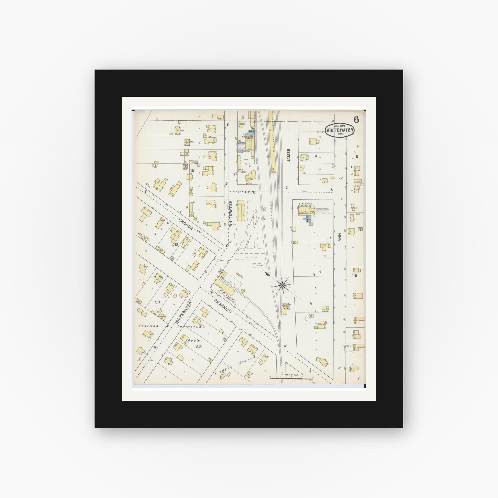 Old map wall art mockup — black gallery frame with white mat — Sanborn Fire Insurance Map from Whitewater, Walworth County, Wisconsin (1892), Sheet #0006