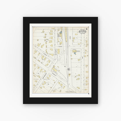 Old map wall art mockup — black gallery frame with white mat — Sanborn Fire Insurance Map from Whitewater, Walworth County, Wisconsin (1892), Sheet #0006