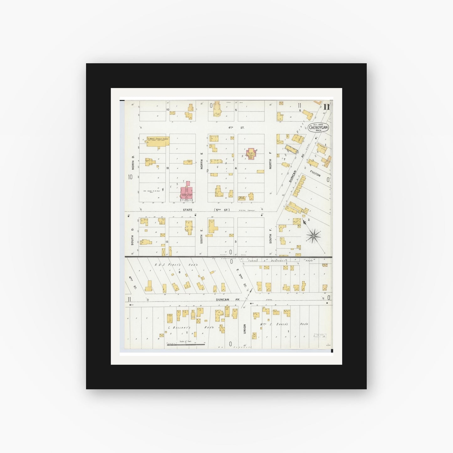 Old map wall art mockup — black gallery frame with white mat — Sanborn Fire Insurance Map from Cheboygan, Cheboygan County, Michigan (1900), Sheet #0011
