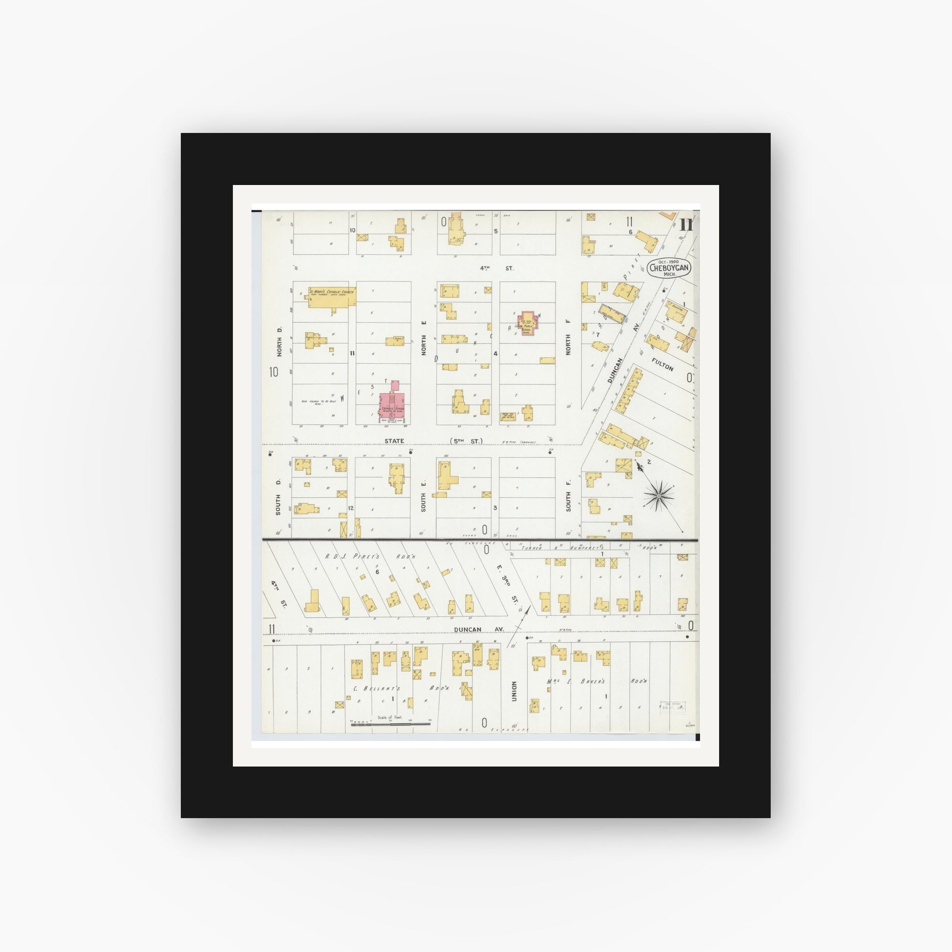 Old map wall art mockup — black gallery frame with white mat — Sanborn Fire Insurance Map from Cheboygan, Cheboygan County, Michigan (1900), Sheet #0011