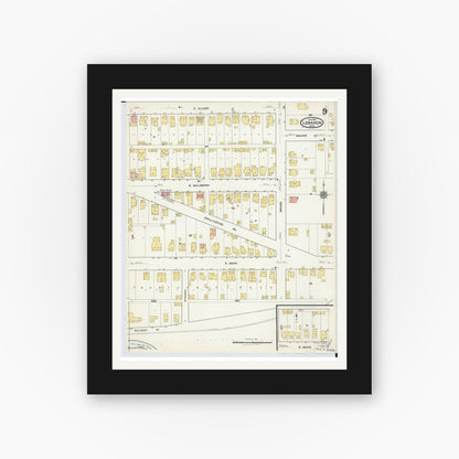 Old map wall art mockup — black gallery frame with white mat — Sanborn Fire Insurance Map from Lebanon, Warren County, Ohio (1917), Sheet #0009