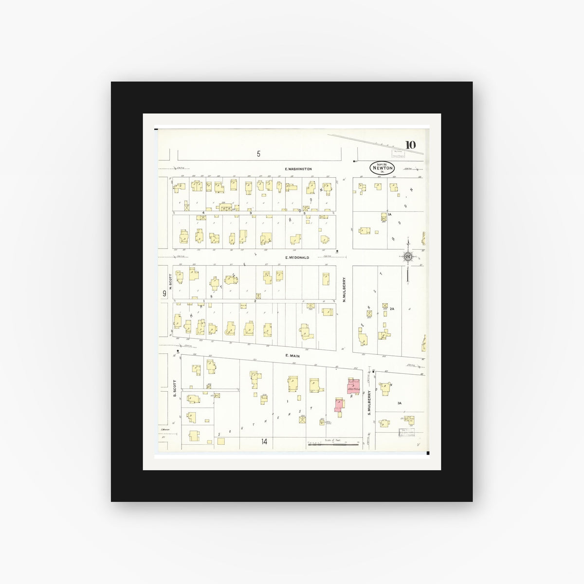 Old map wall art mockup — black gallery frame with white mat — Sanborn Fire Insurance Map from Newton, Jasper County, Iowa (1911), Sheet #0010
