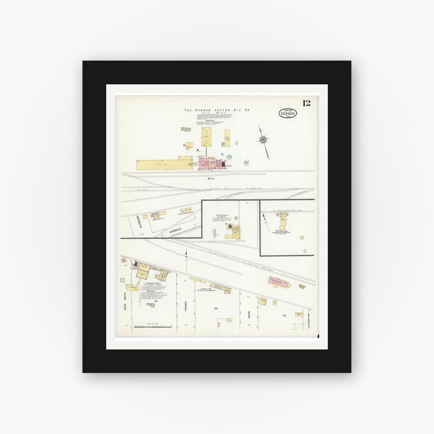 Old map wall art mockup — black gallery frame with white mat — Sanborn Fire Insurance Map from Vernon, Wilbarger County, Texas (1912), Sheet #0012