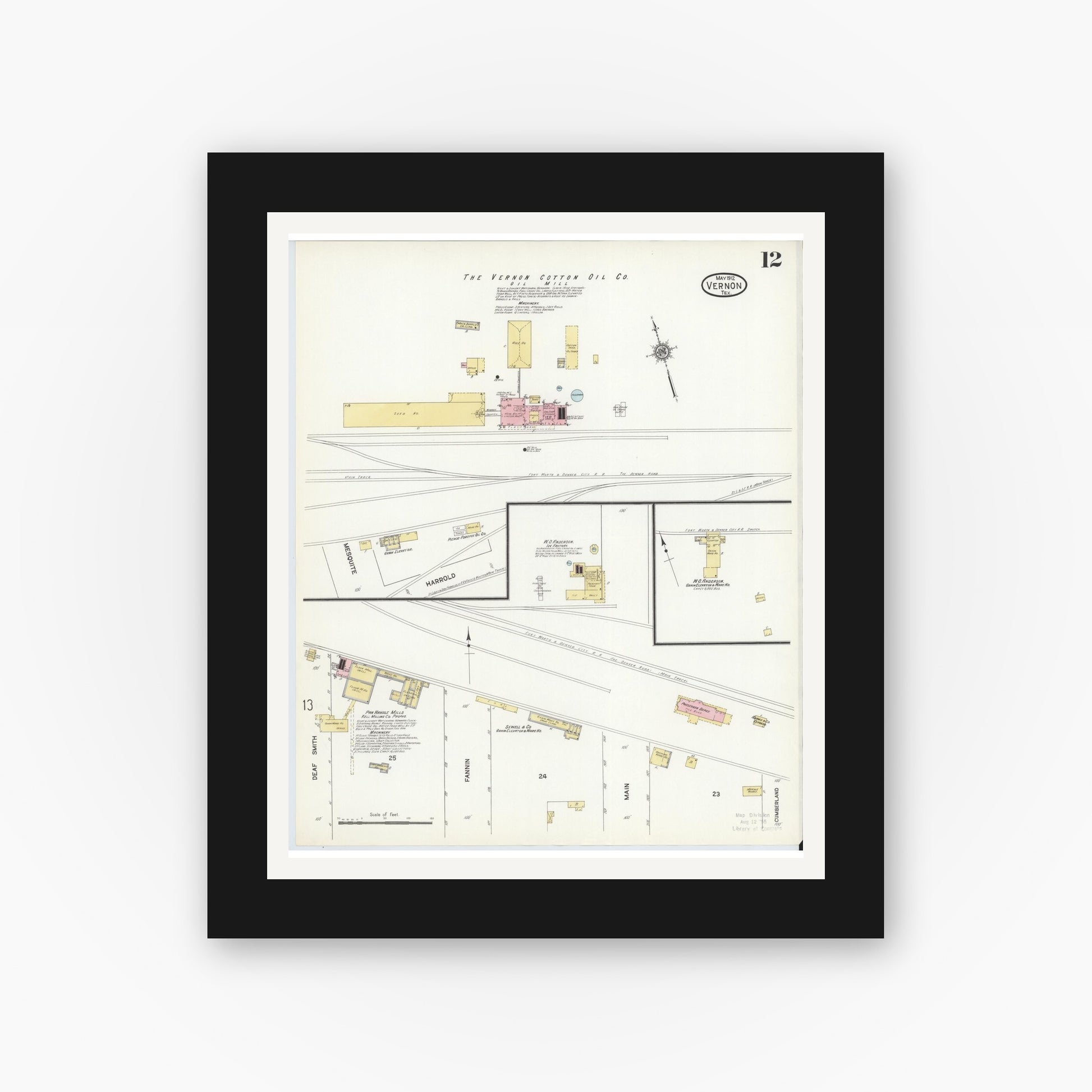 Old map wall art mockup — black gallery frame with white mat — Sanborn Fire Insurance Map from Vernon, Wilbarger County, Texas (1912), Sheet #0012