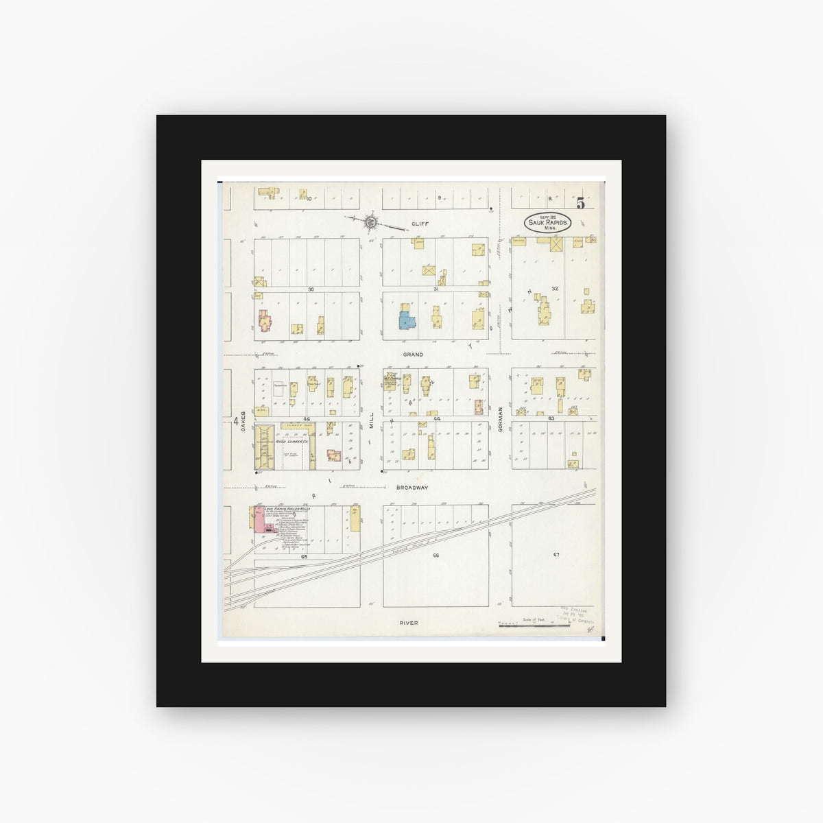 Old map wall art mockup — black gallery frame with white mat — Sanborn Fire Insurance Map from Sauk Rapids, Benton County, Minnesota (1912), Sheet #0005