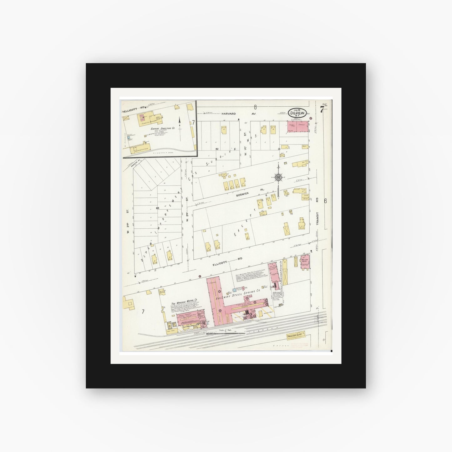Old map wall art mockup — black gallery frame with white mat — Sanborn Fire Insurance Map from Depew, Erie County, New York (1911), Sheet #0006