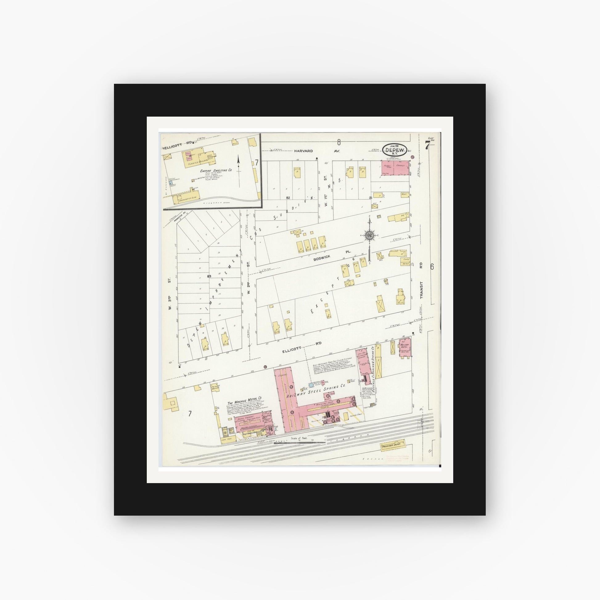 Old map wall art mockup — black gallery frame with white mat — Sanborn Fire Insurance Map from Depew, Erie County, New York (1911), Sheet #0006