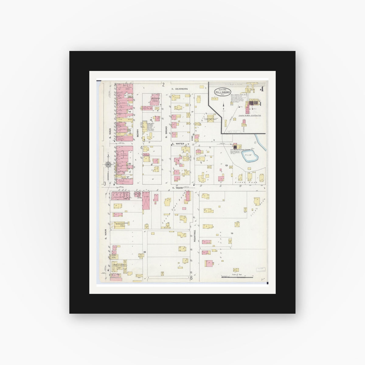 Old map wall art mockup — black gallery frame with white mat — Sanborn Fire Insurance Map from Hillsboro, Montgomery County, Illinois (1912), Sheet #0004