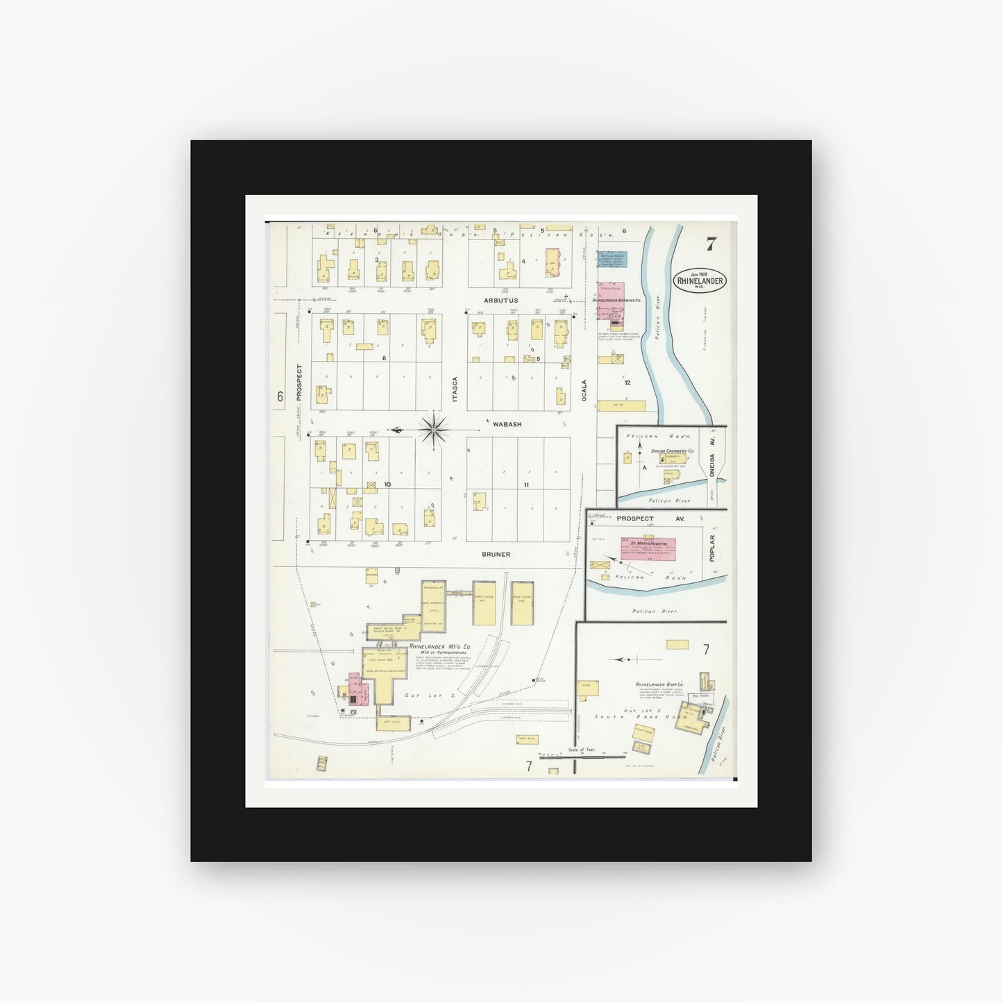Old map wall art mockup — black gallery frame with white mat — Sanborn Fire Insurance Map from Rhinelander, Oneida County, Wisconsin (1908), Sheet #0007