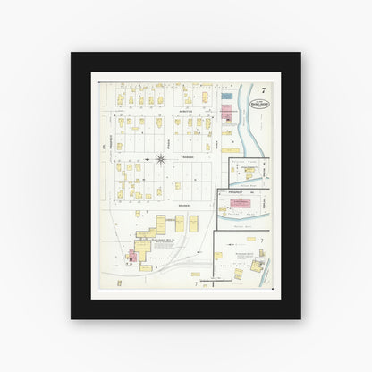 Old map wall art mockup — black gallery frame with white mat — Sanborn Fire Insurance Map from Rhinelander, Oneida County, Wisconsin (1908), Sheet #0007