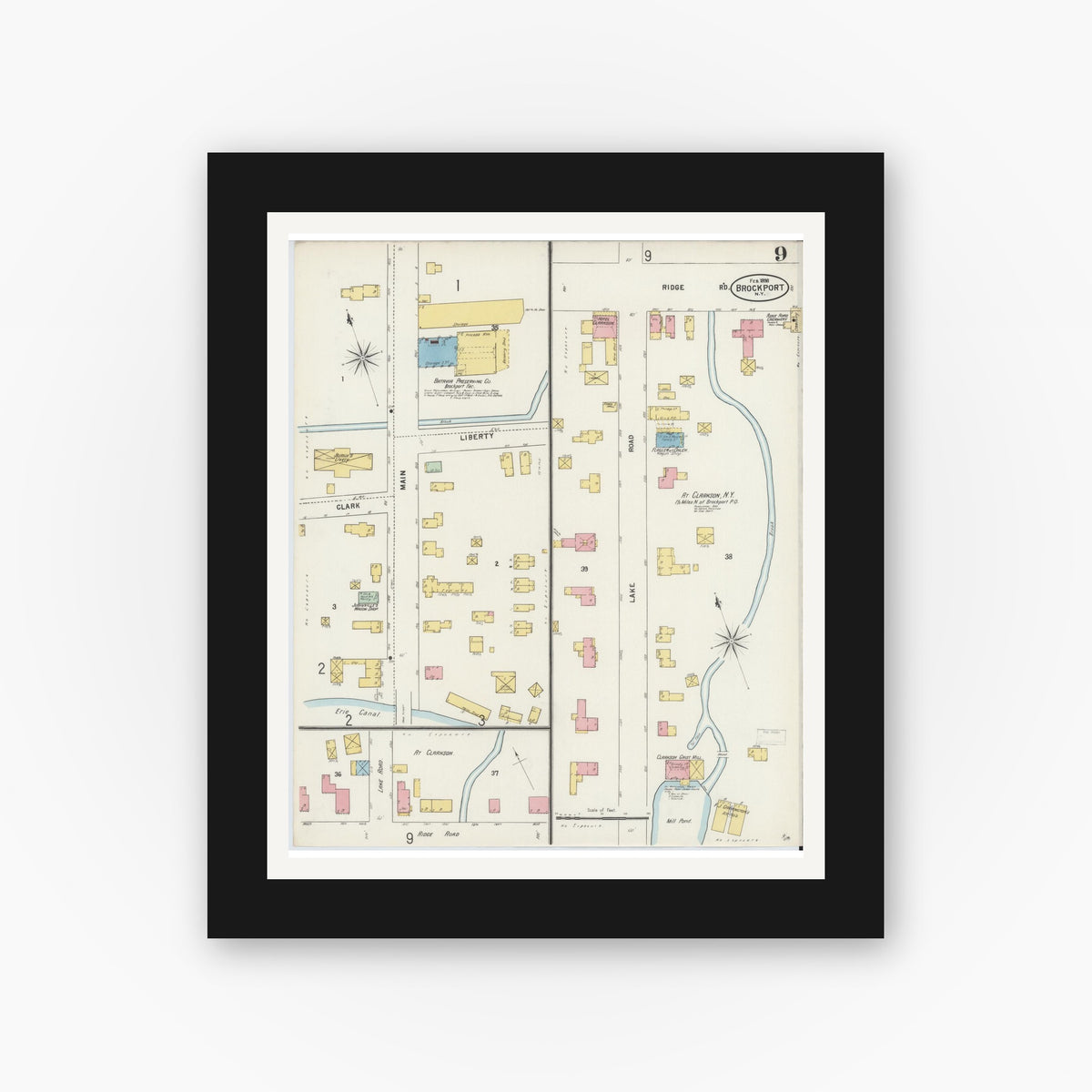 Old map wall art mockup — black gallery frame with white mat — Sanborn Fire Insurance Map from Brockport, Monroe County, New York (1898), Sheet #0009