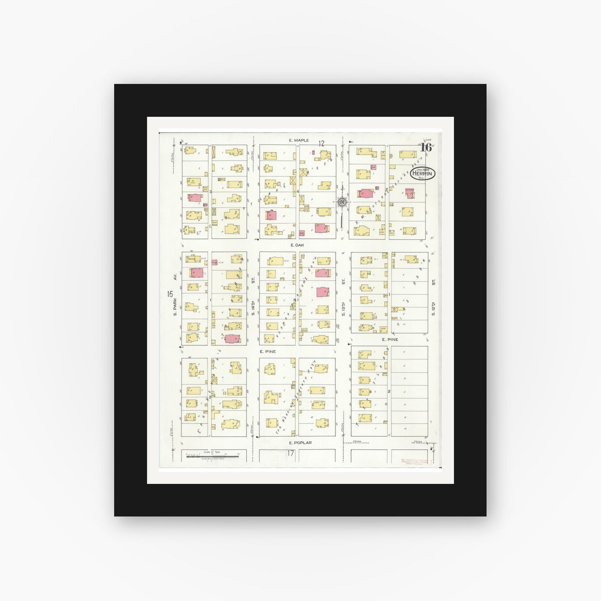 Old map wall art mockup — black gallery frame with white mat — Sanborn Fire Insurance Map from Herrin, Williamson County, Illinois (1922), Sheet #0016
