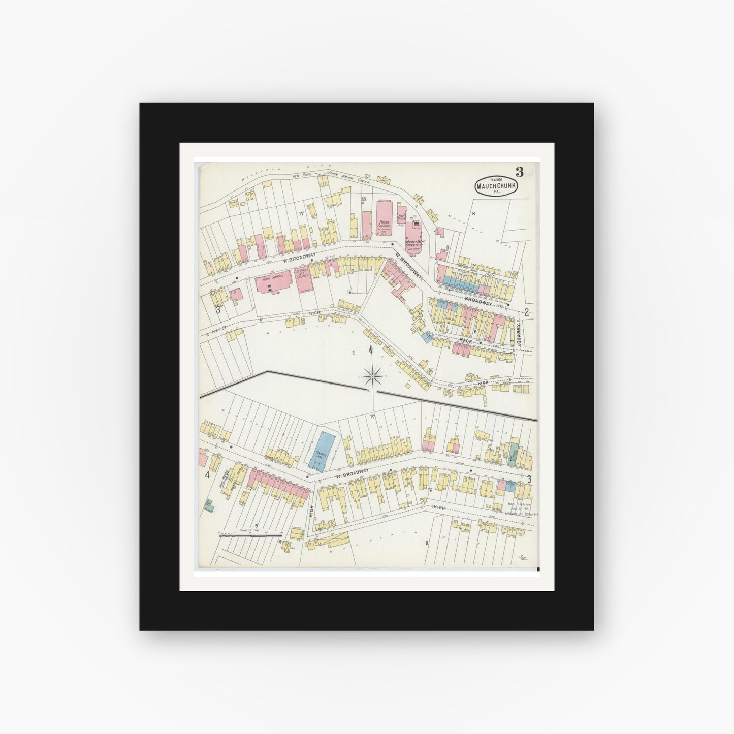 Old map wall art mockup — black gallery frame with white mat — Sanborn Fire Insurance Map from Mauch Chunk, Carbon County, Pennsylvania (1896), Sheet #0003