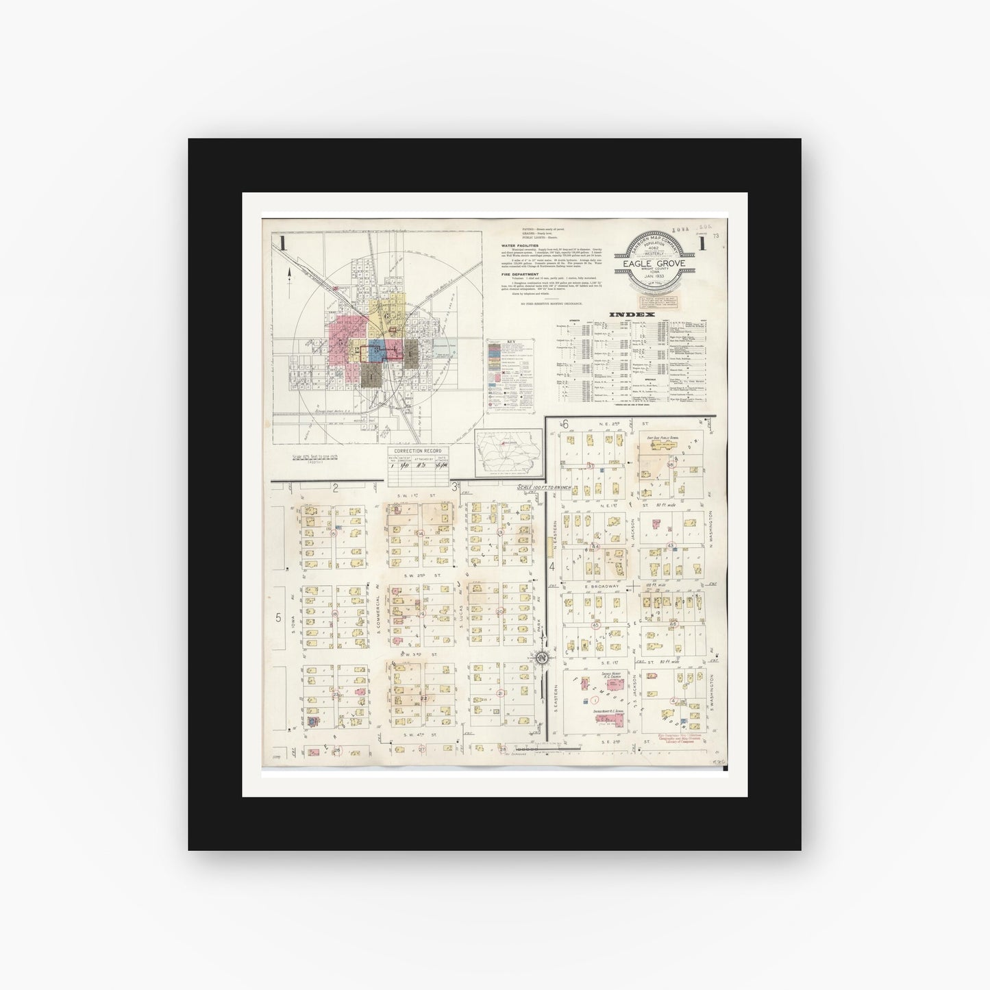 Old map wall art mockup — black gallery frame with white mat — Sanborn Fire Insurance Map from Eagle Grove, Wright County, Iowa (1941) â€” Complete Set