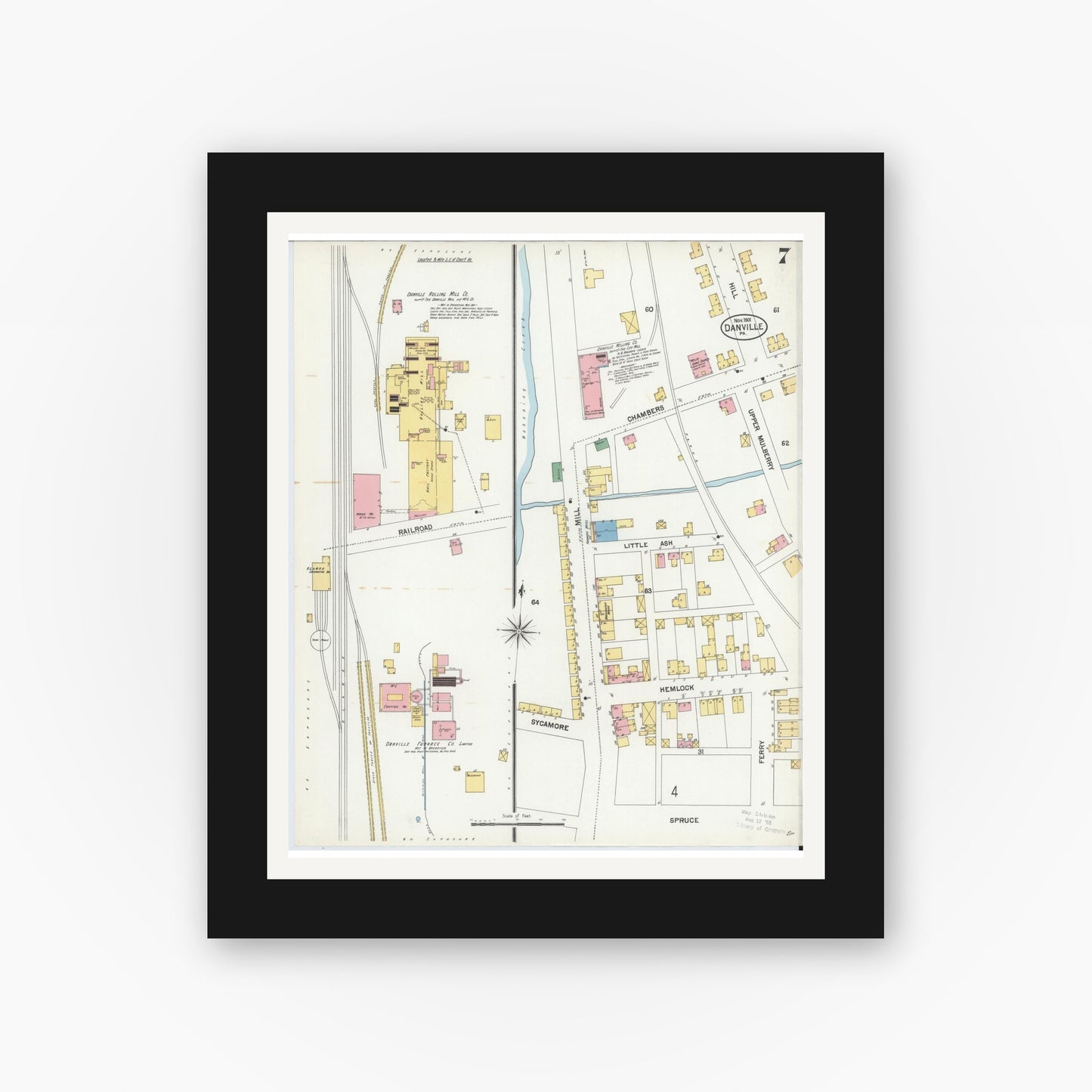 Old map wall art mockup — black gallery frame with white mat — Sanborn Fire Insurance Map from Danville, Montour County, Pennsylvania (1901), Sheet #0007