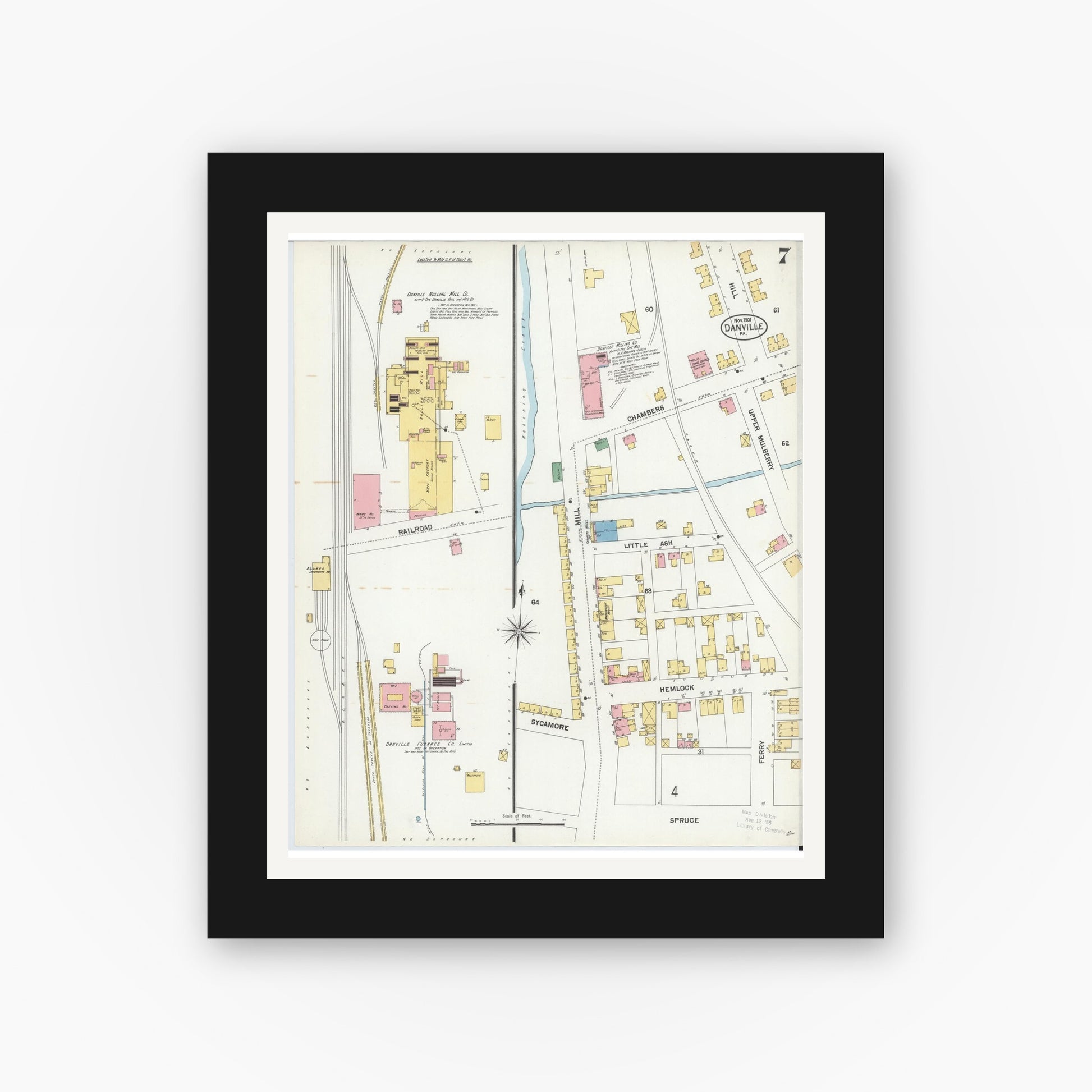 Old map wall art mockup — black gallery frame with white mat — Sanborn Fire Insurance Map from Danville, Montour County, Pennsylvania (1901), Sheet #0007