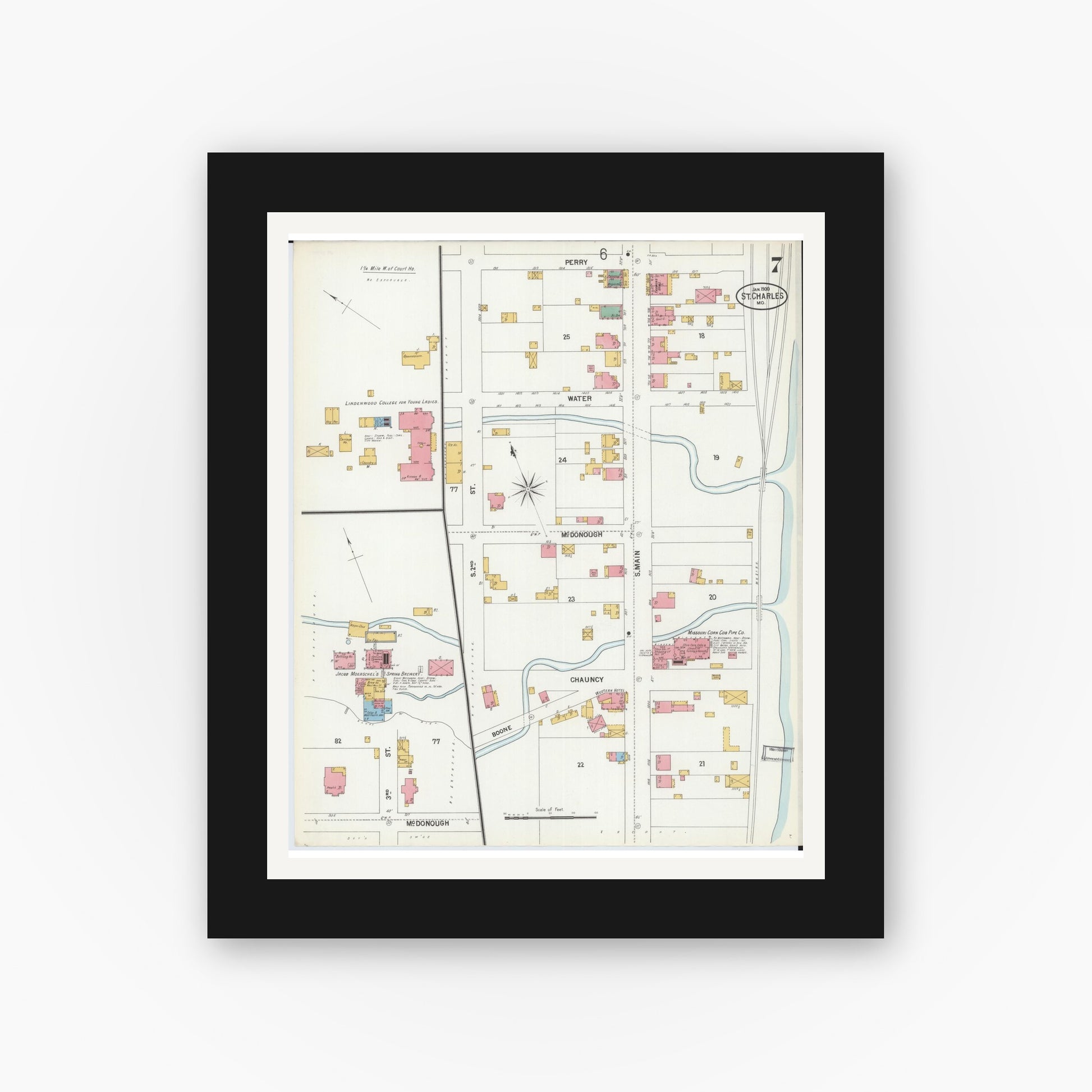 Old map wall art mockup — black gallery frame with white mat — Sanborn Fire Insurance Map from Saint Charles, Saint Charles County, Missouri (1900), Sheet #0007