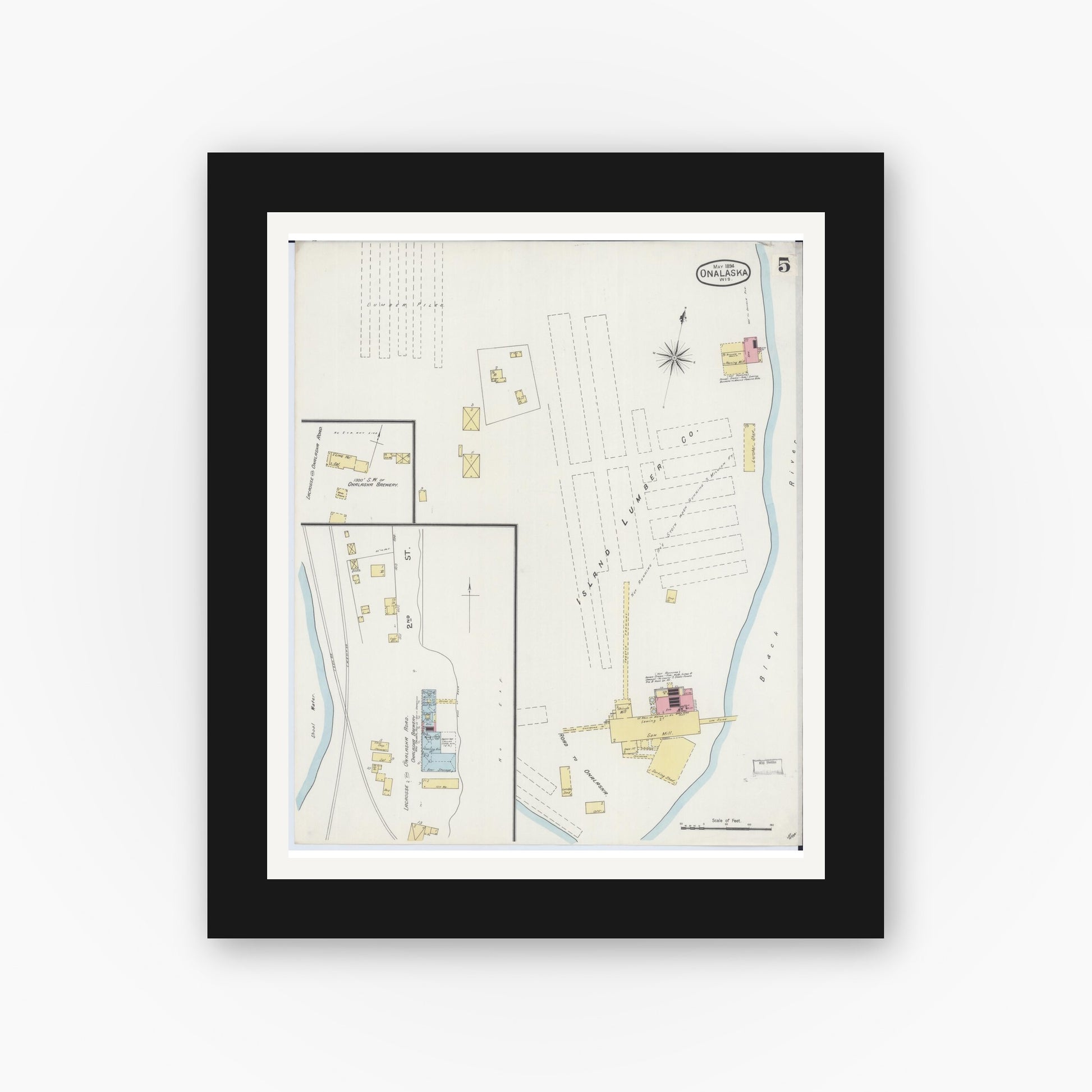 Old map wall art mockup — black gallery frame with white mat — Sanborn Fire Insurance Map from Onalaska, La Crosse County, Wisconsin (1894), Sheet #0005