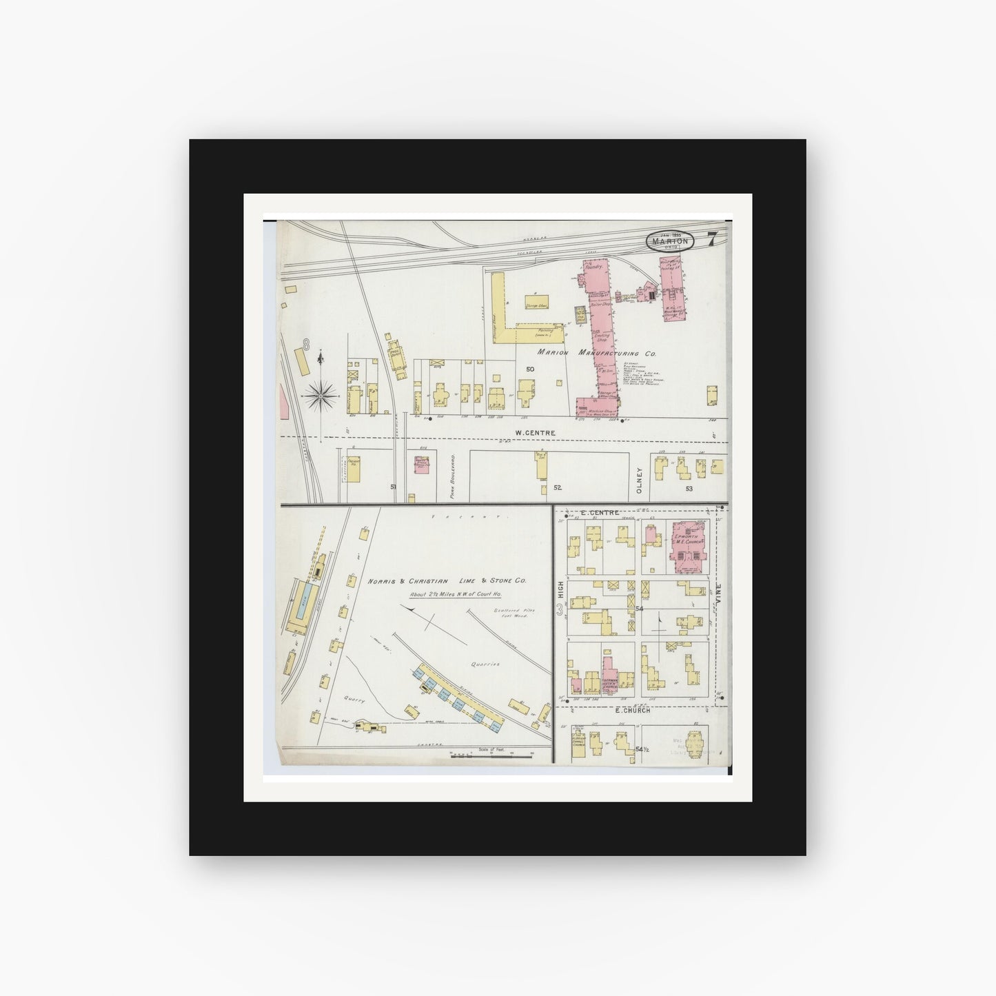 Old map wall art mockup — black gallery frame with white mat — Sanborn Fire Insurance Map from Marion, Marion County, Ohio (1895), Sheet #0007