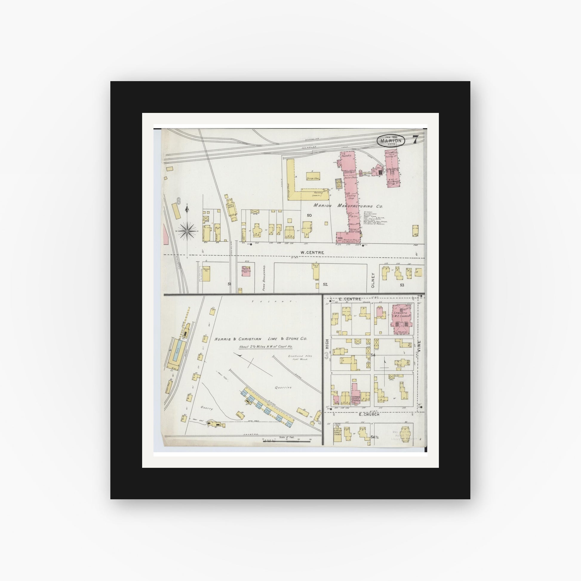Old map wall art mockup — black gallery frame with white mat — Sanborn Fire Insurance Map from Marion, Marion County, Ohio (1895), Sheet #0007