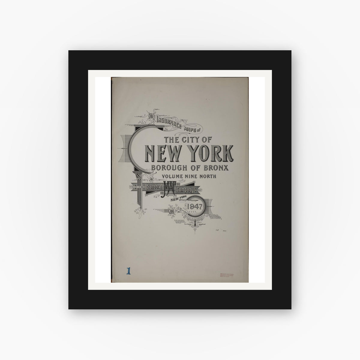 Old map wall art mockup — black gallery frame with white mat — Sanborn Fire Insurance Map from New York, Bronx, Manhattan, New York (1947), Sheet #0001