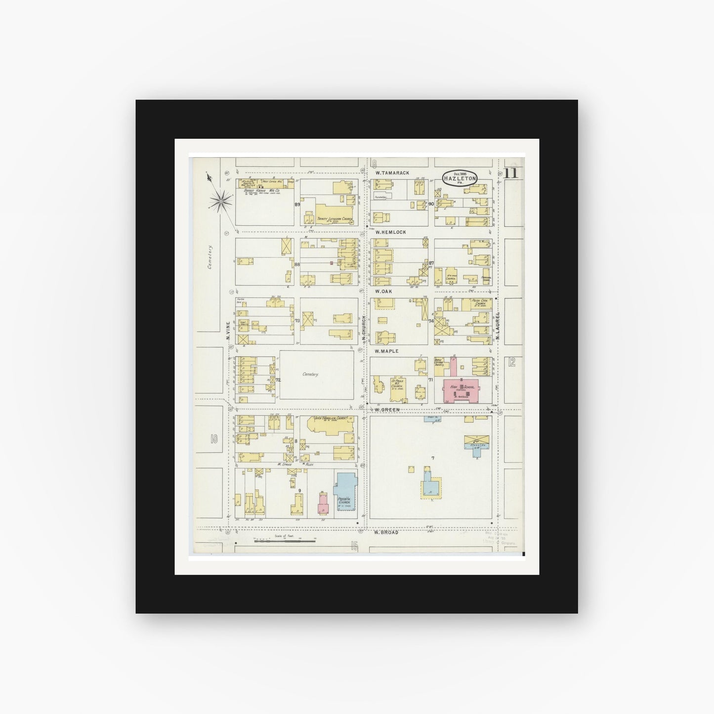 Old map wall art mockup — black gallery frame with white mat — Sanborn Fire Insurance Map from Hazleton, Luzerne County, Pennsylvania (1895), Sheet #0011