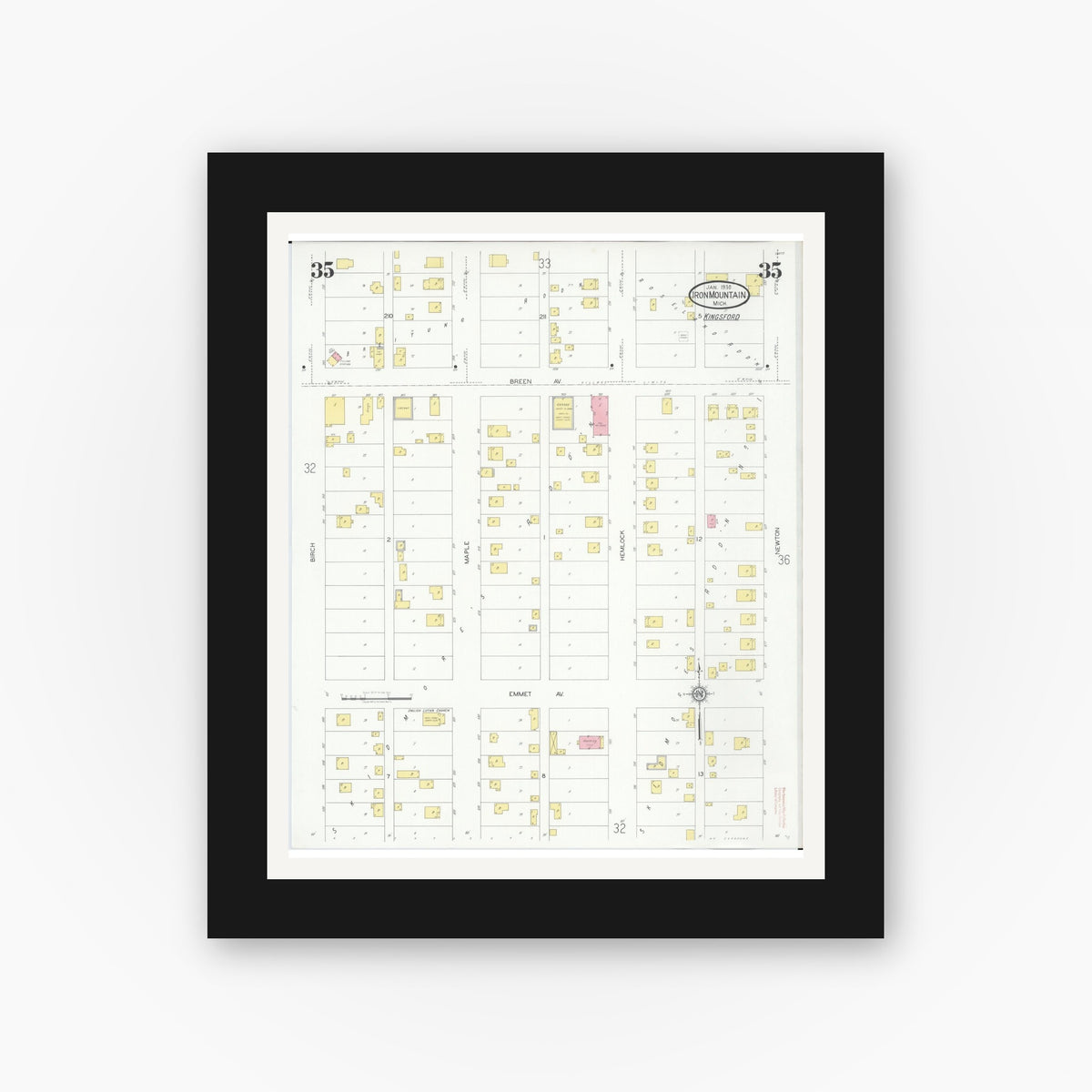 Old map wall art mockup — black gallery frame with white mat — Sanborn Fire Insurance Map from Iron Mountain, Dickinson County, Michigan (1930), Sheet #0035