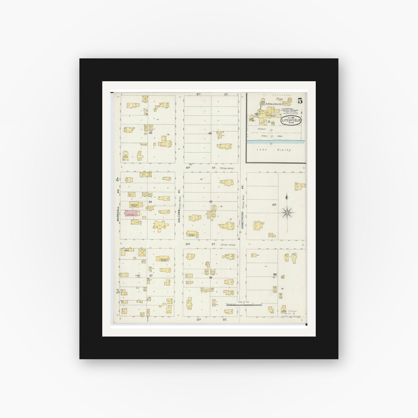 Old map wall art mockup — black gallery frame with white mat — Sanborn Fire Insurance Map from Litchfield, Meeker County, Minnesota (1896), Sheet #0005