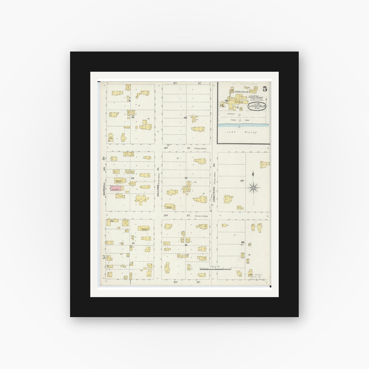 Old map wall art mockup — black gallery frame with white mat — Sanborn Fire Insurance Map from Litchfield, Meeker County, Minnesota (1896), Sheet #0005