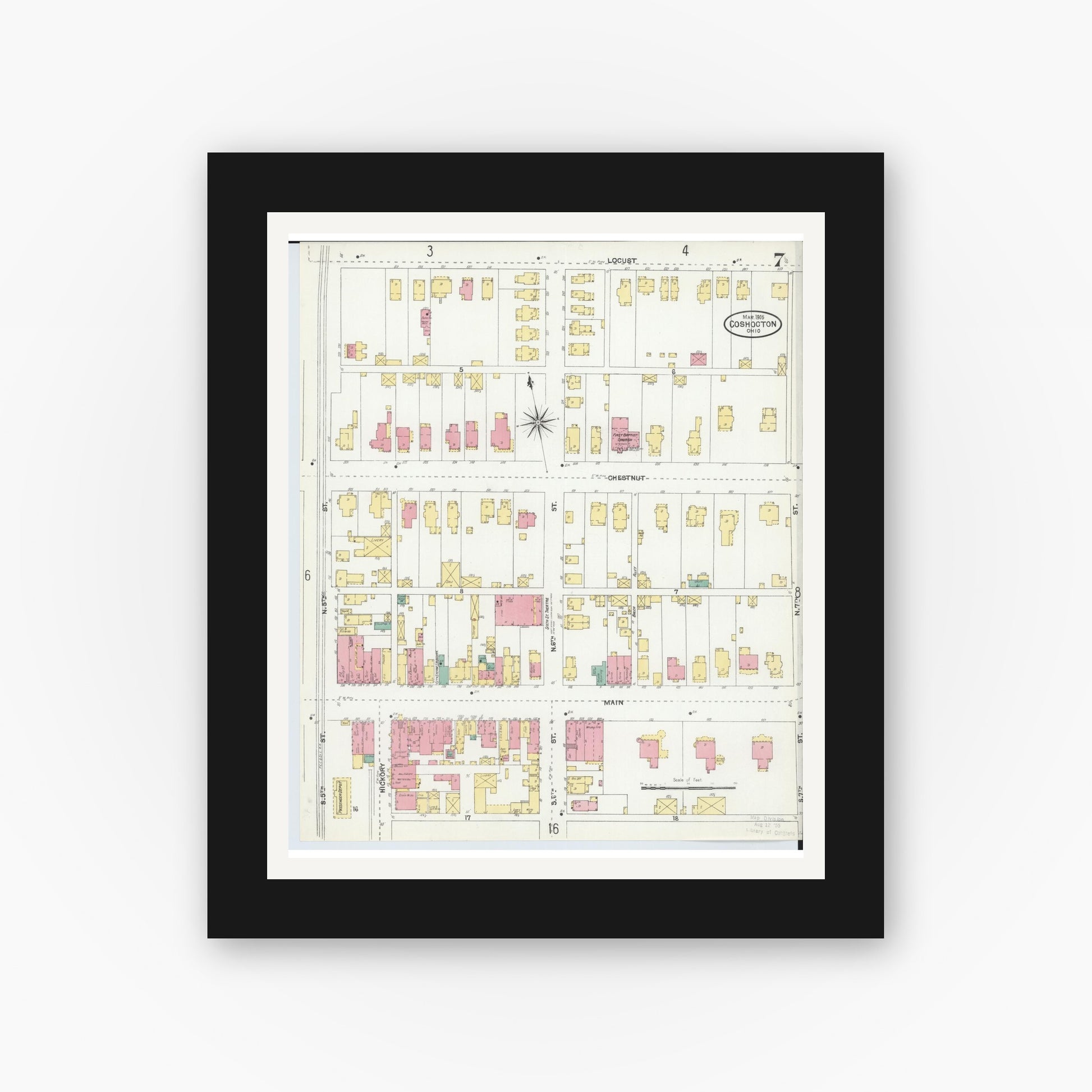 Old map wall art mockup — black gallery frame with white mat — Sanborn Fire Insurance Map from Coshocton, Coshocton County, Ohio (1905), Sheet #0007