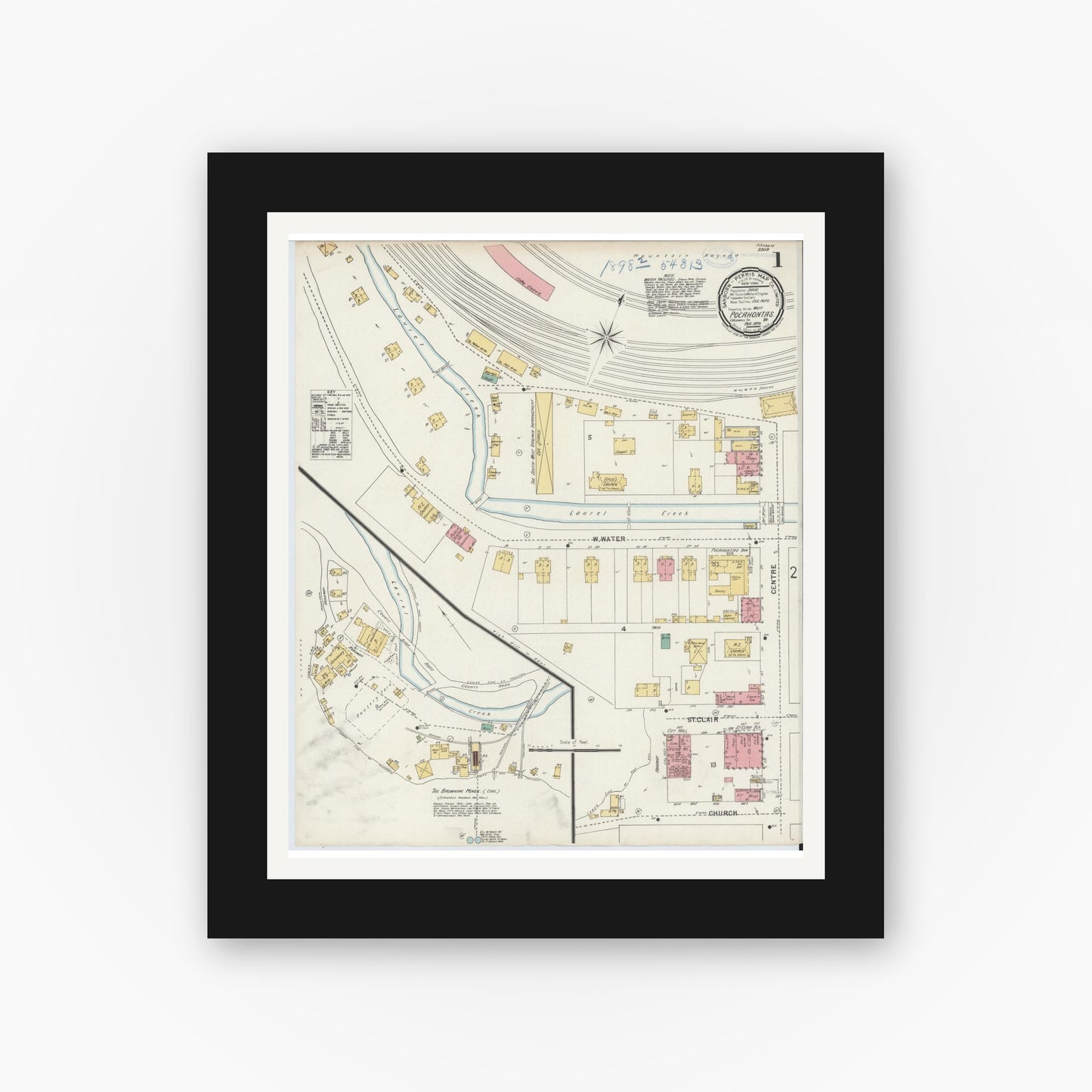Old map wall art mockup — black gallery frame with white mat — Sanborn Fire Insurance Map from Pocahontas, Tazewell County, Virginia (1898) - Complete Map Set