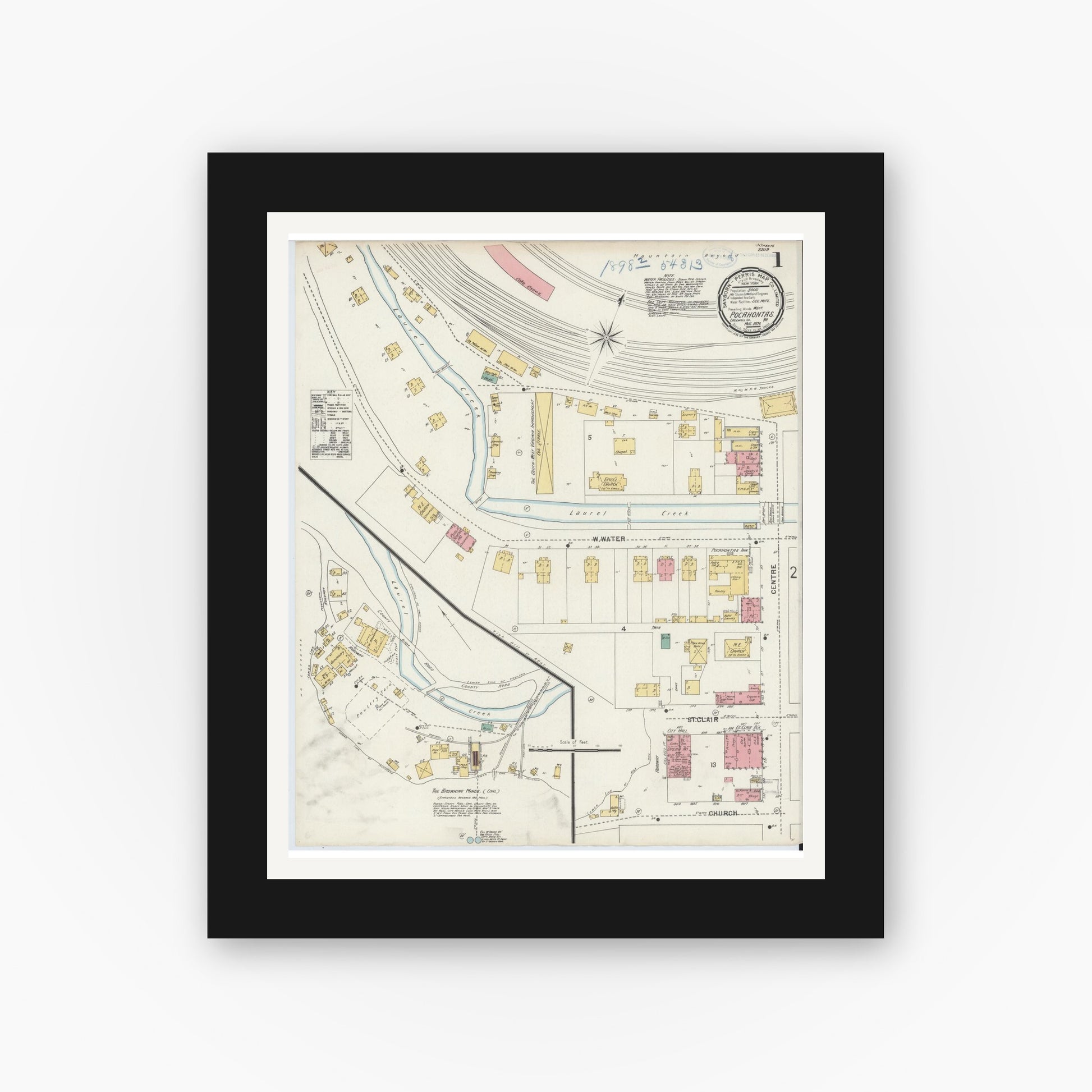 Old map wall art mockup — black gallery frame with white mat — Sanborn Fire Insurance Map from Pocahontas, Tazewell County, Virginia (1898) - Complete Map Set