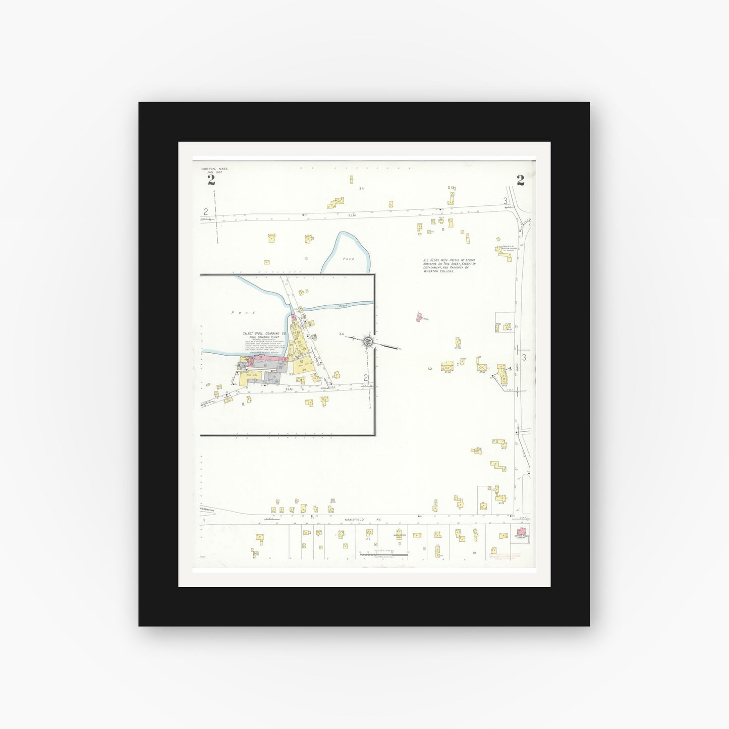 Old map wall art mockup — black gallery frame with white mat — Sanborn Fire Insurance Map from Norton, Bristol County, Massachusetts (1937), Sheet #0002