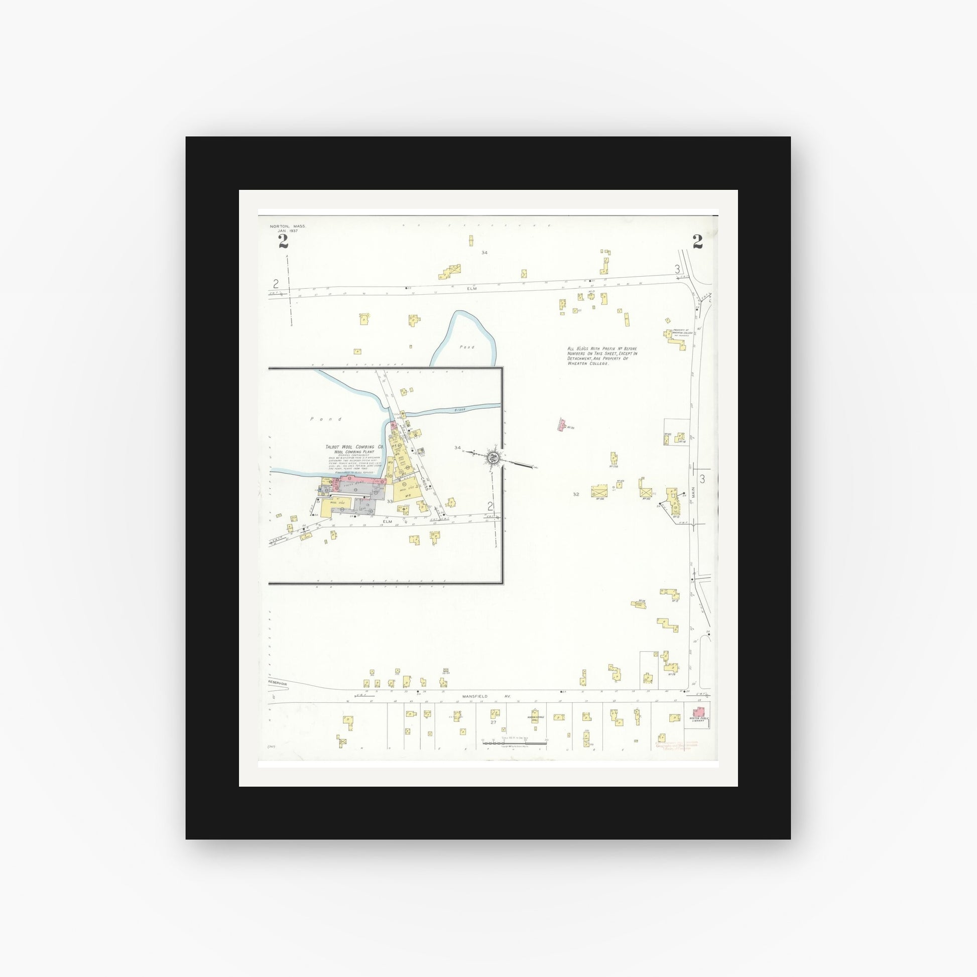 Old map wall art mockup — black gallery frame with white mat — Sanborn Fire Insurance Map from Norton, Bristol County, Massachusetts (1937), Sheet #0002