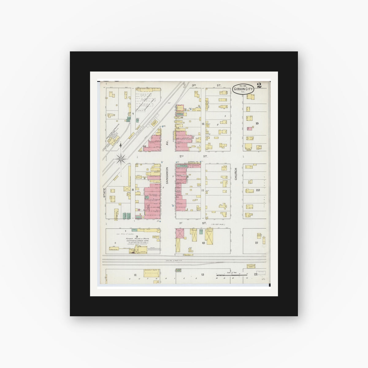 Old map wall art mockup — black gallery frame with white mat — Sanborn Fire Insurance Map from Gibson City, Ford County, Illinois (1892), Sheet #0002