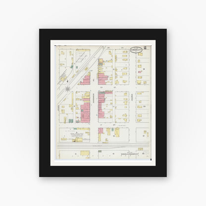 Old map wall art mockup — black gallery frame with white mat — Sanborn Fire Insurance Map from Gibson City, Ford County, Illinois (1892), Sheet #0002