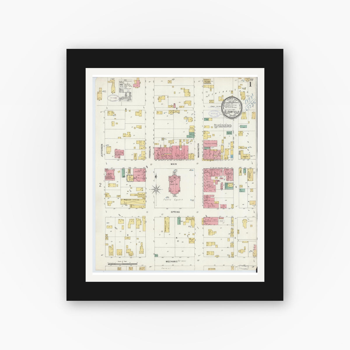 Old map wall art mockup — black gallery frame with white mat — Sanborn Fire Insurance Map from Bloomfield, Greene County, Indiana (1898), Sheet #0001