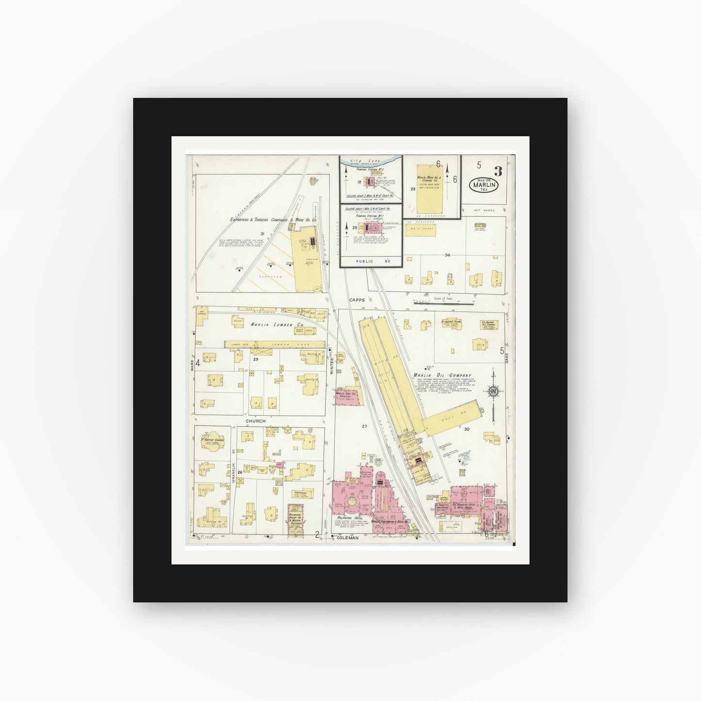 Old map wall art mockup — black gallery frame with white mat — Sanborn Fire Insurance Map from Marlin, Falls County, Texas (1916), Sheet #0003