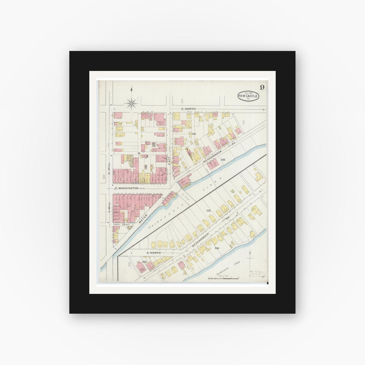 Old map wall art mockup — black gallery frame with white mat — Sanborn Fire Insurance Map from New Castle, Lawrence County, Pennsylvania (1894), Sheet #0009