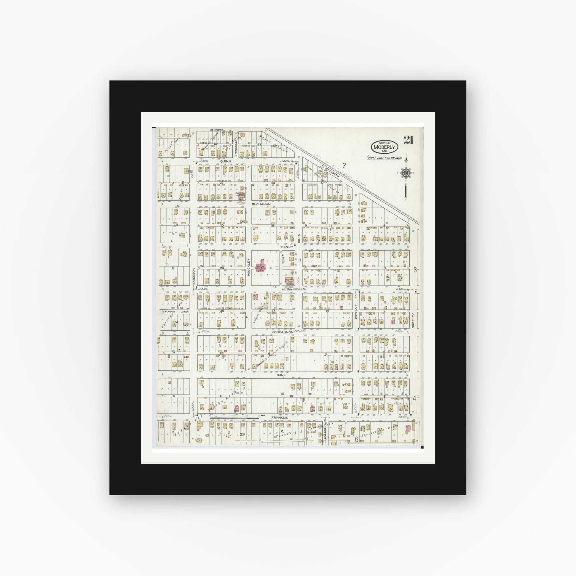 Old map wall art mockup — black gallery frame with white mat — Sanborn Fire Insurance Map from Moberly, Randolph County, Missouri (1916), Sheet #0021