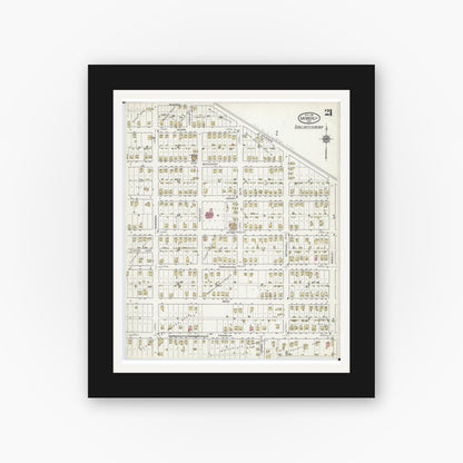 Old map wall art mockup — black gallery frame with white mat — Sanborn Fire Insurance Map from Moberly, Randolph County, Missouri (1916), Sheet #0021