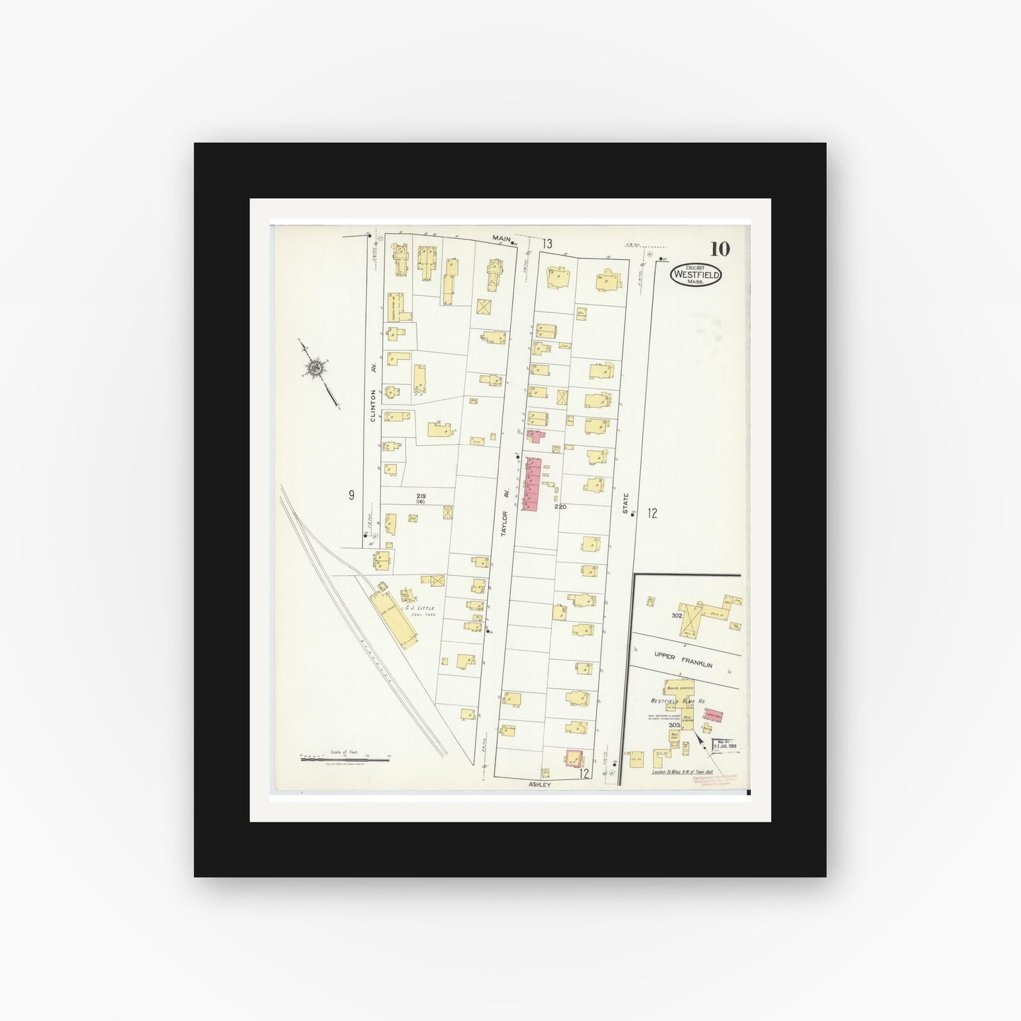 Old map wall art mockup — black gallery frame with white mat — Sanborn Fire Insurance Map from Westfield, Hampden County, Massachusetts (1917), Sheet #0010
