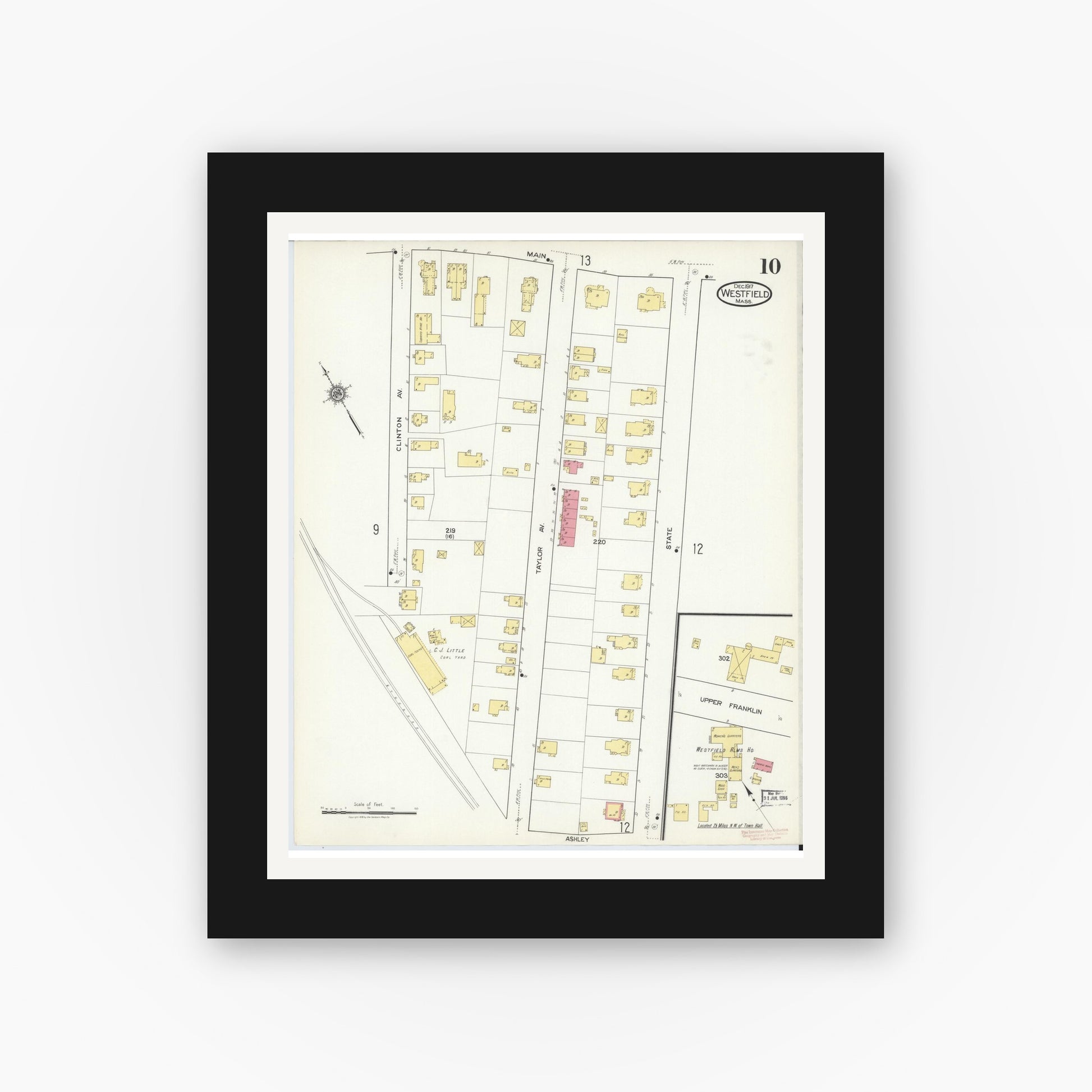 Old map wall art mockup — black gallery frame with white mat — Sanborn Fire Insurance Map from Westfield, Hampden County, Massachusetts (1917), Sheet #0010