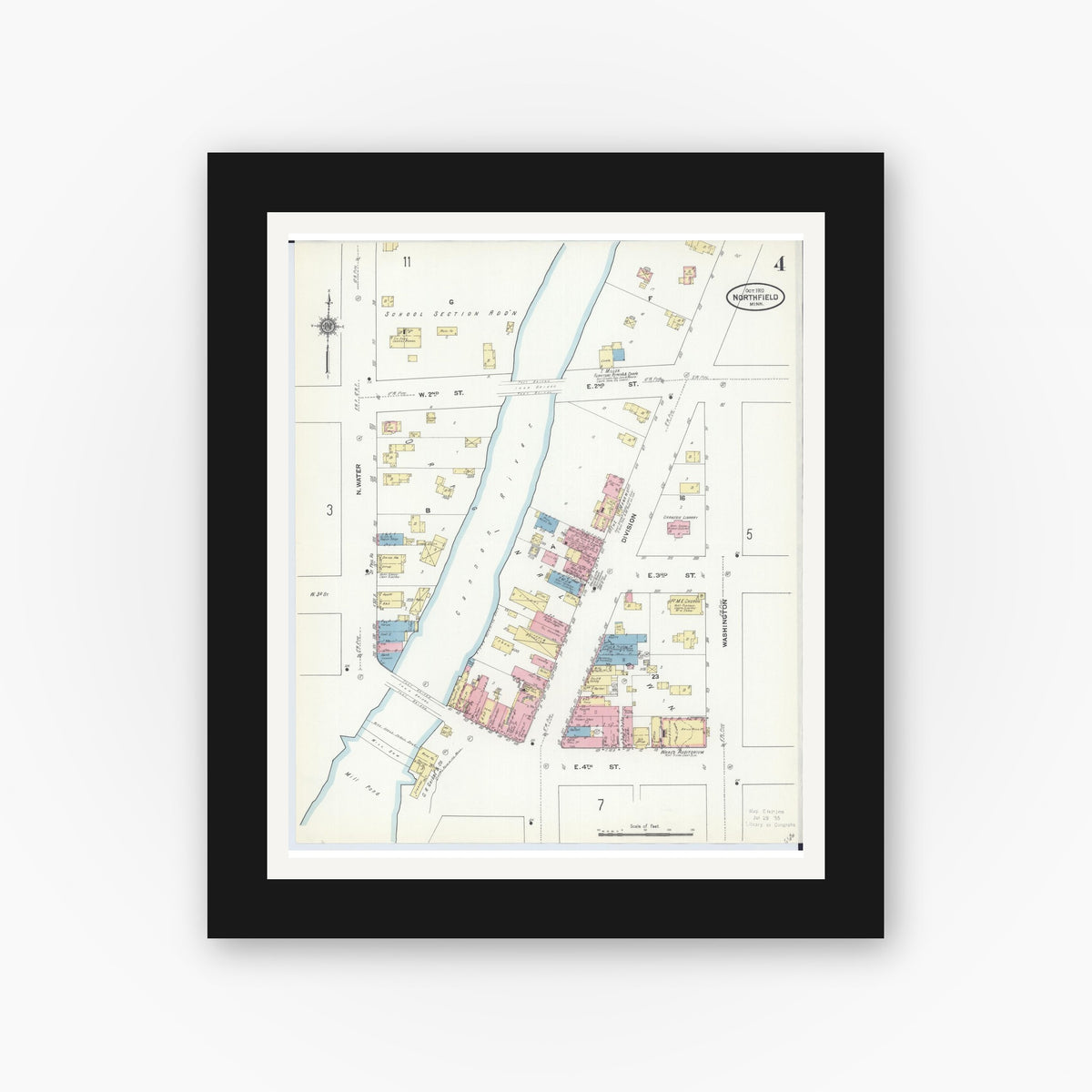 Old map wall art mockup — black gallery frame with white mat — Sanborn Fire Insurance Map from Northfield, Rice County, Minnesota (1910), Sheet #0004